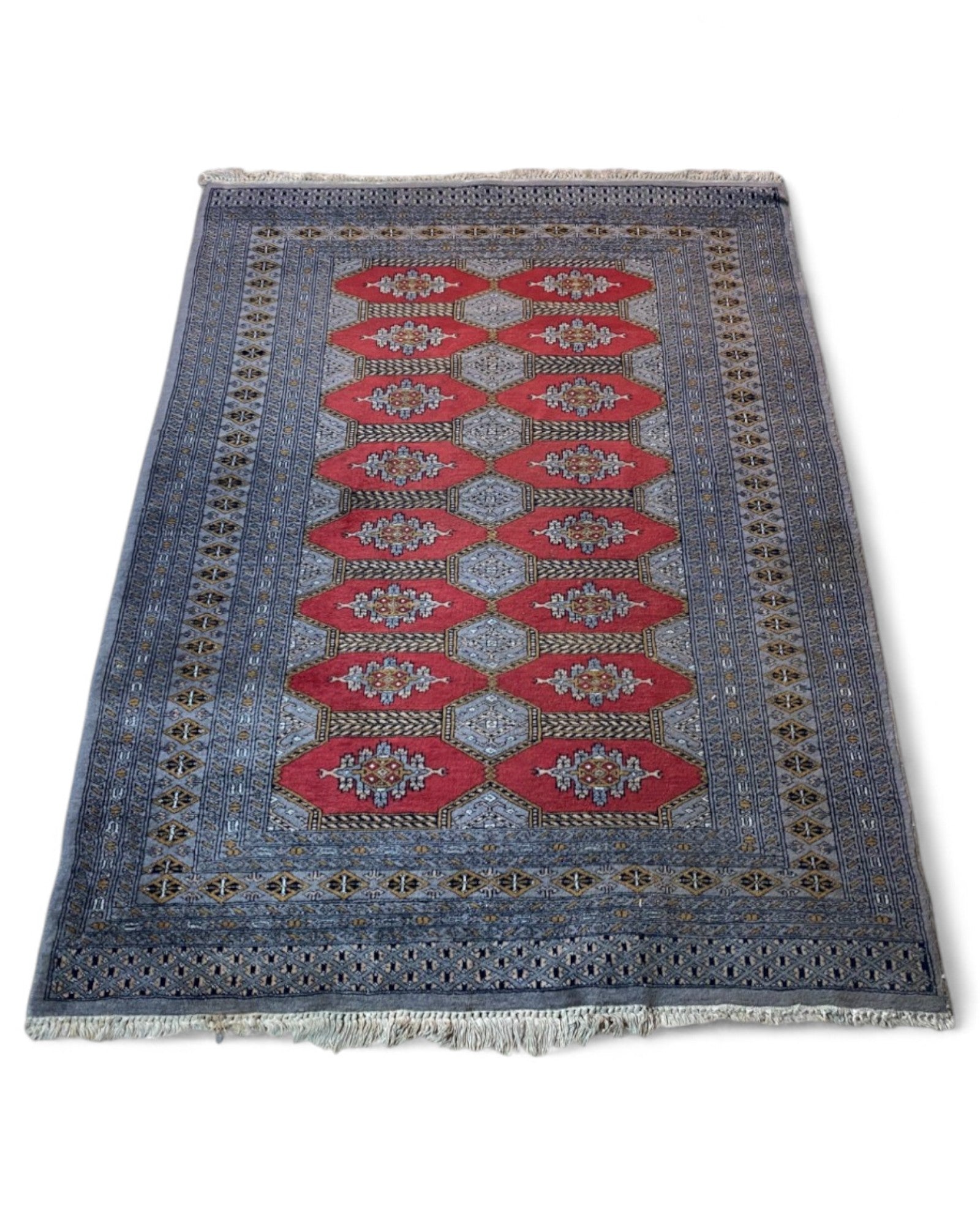 Vintage Bokhara-Style Rug in Red and Steel Blue | 180 x 132cm