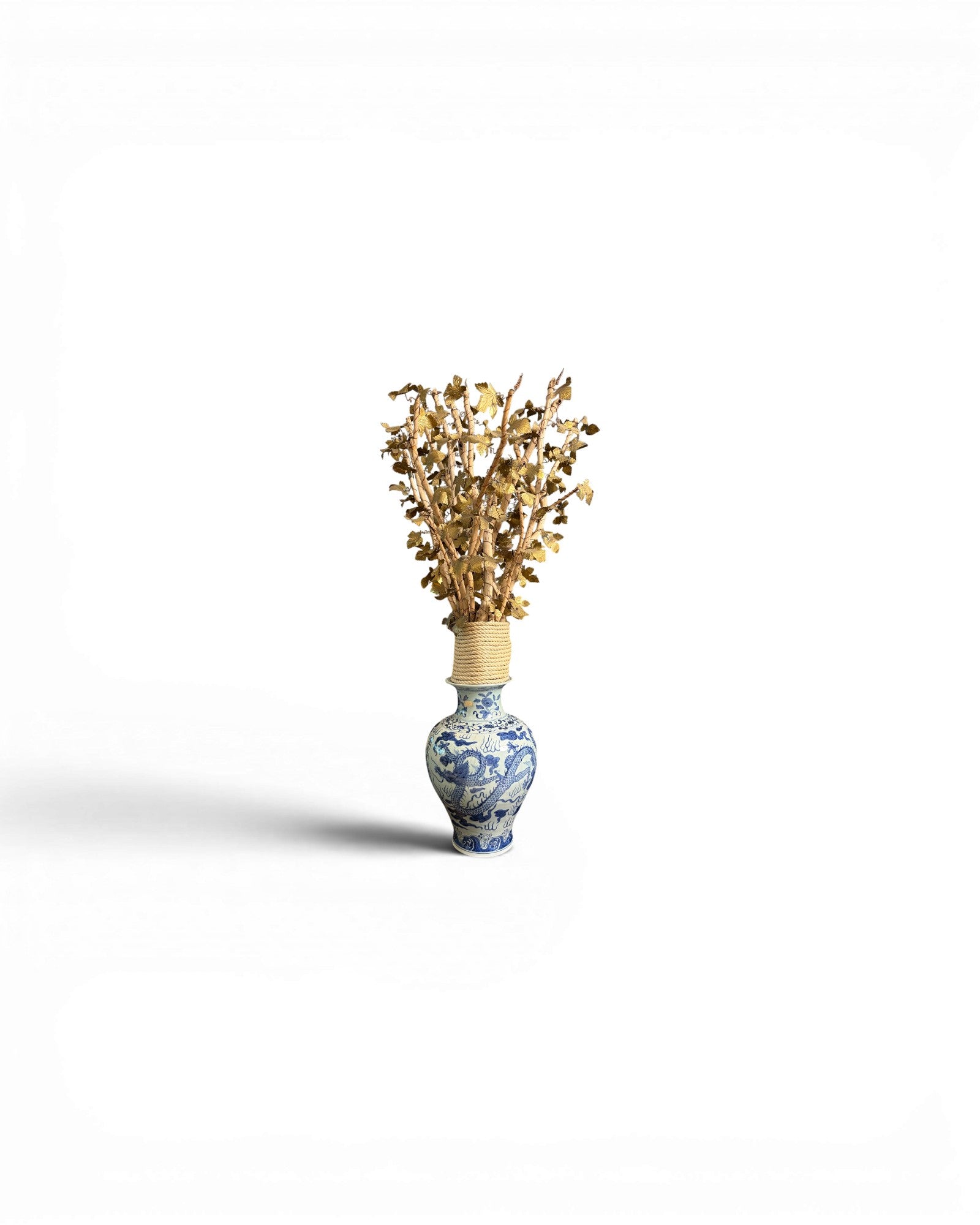 Chinese Blue and White Porcelain Vase Styled With An Ornate Gilt Brass Leaves and Colored Crystals - Surround Living - 1