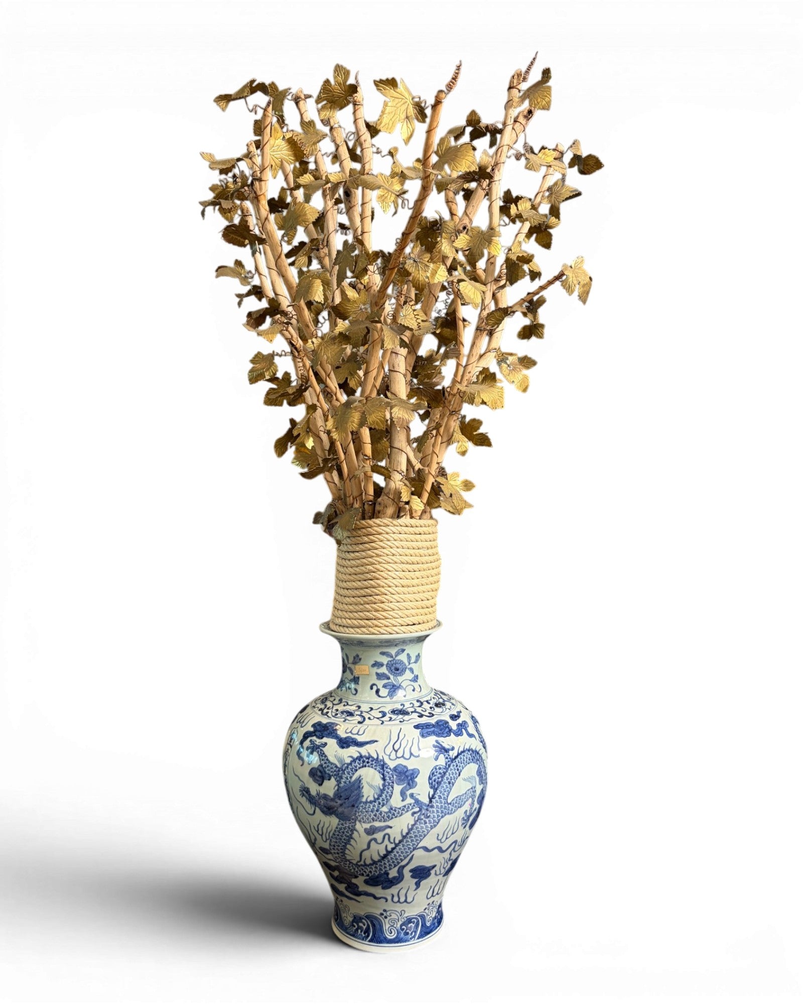 Chinese Blue and White Porcelain Vase Styled With An Ornate Gilt Brass Leaves and Colored Crystals - Surround Living - 2