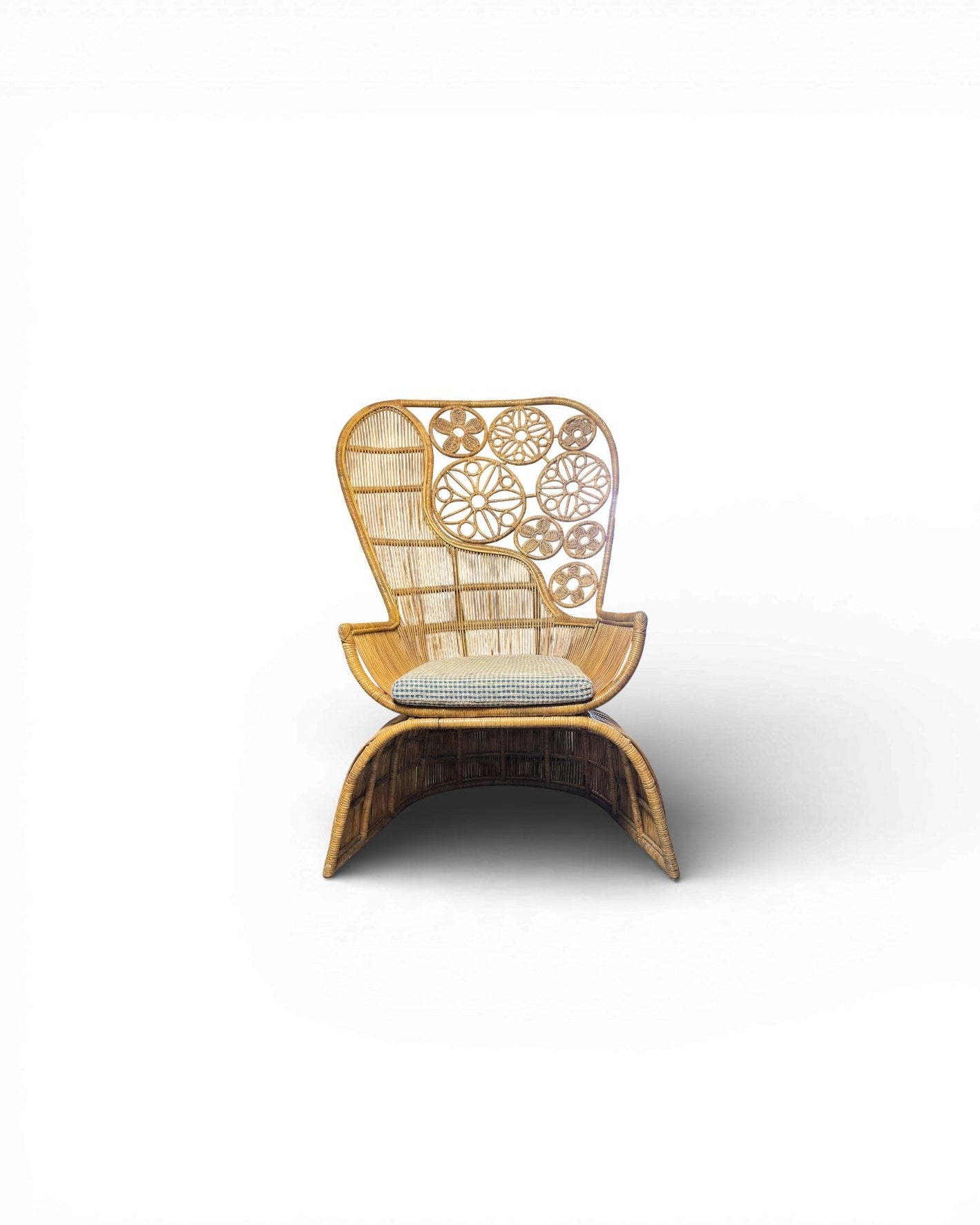 Rattan Vintage High Back Floral Weaved Lounge Chair with Check Weave Cushion Surround Living