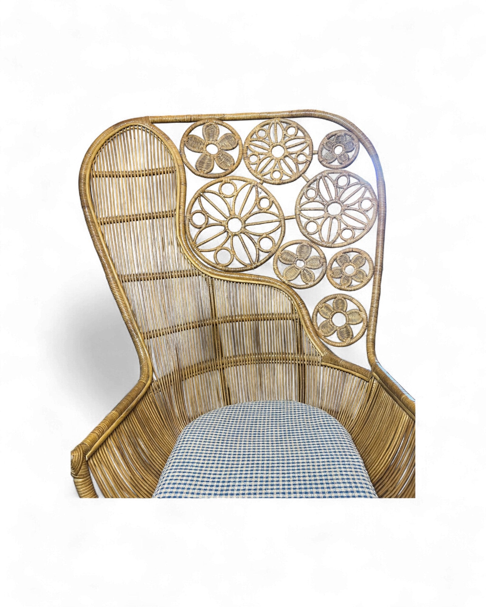 Rattan Vintage High Back Floral Weaved Lounge Chair with Check Weave Cushion Surround Living