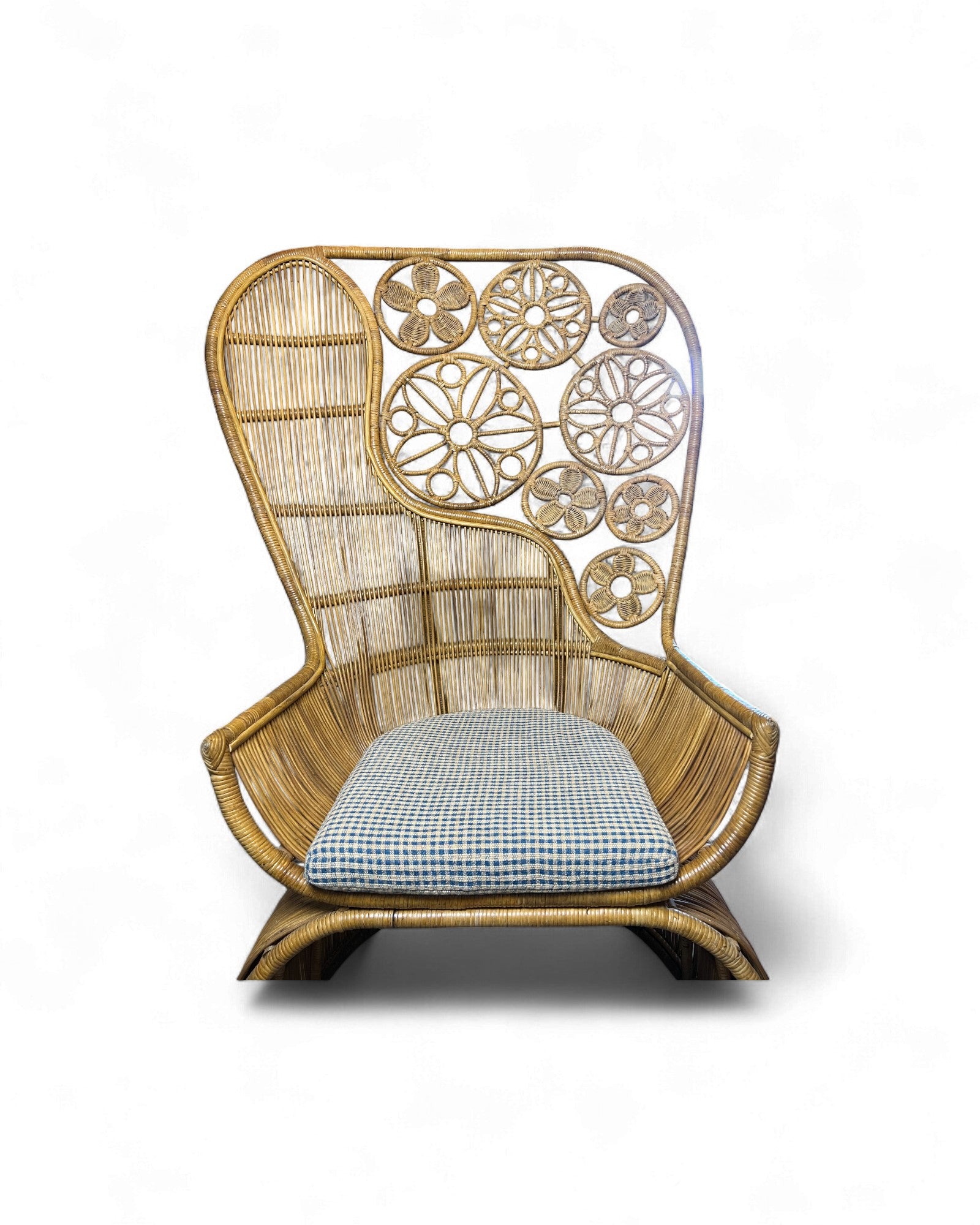 Rattan Vintage High Back Floral Weaved Lounge Chair with Check Weave Cushion Surround Living