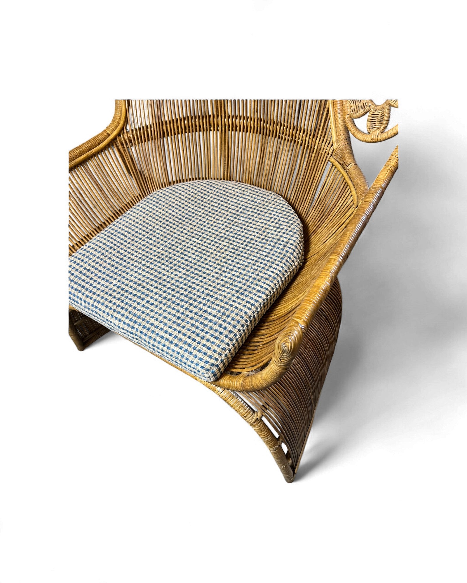 Rattan Vintage High Back Floral Weaved Lounge Chair with Check Weave Cushion Surround Living