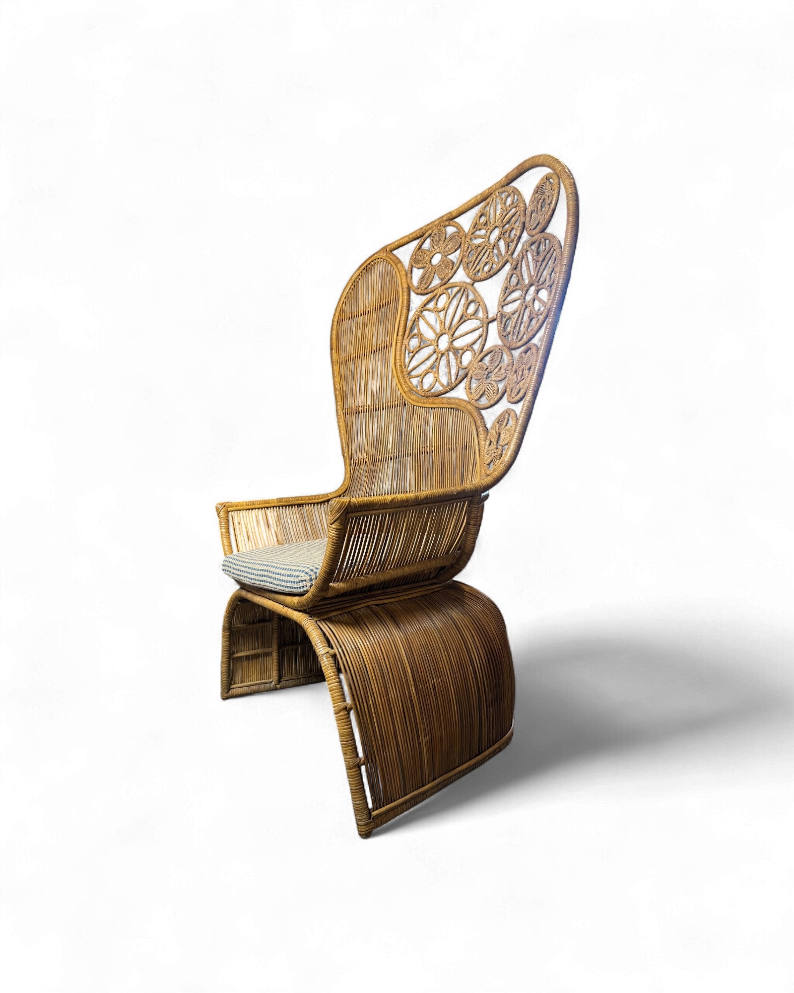 Rattan Vintage High Back Floral Weaved Lounge Chair with Check Weave Cushion Surround Living