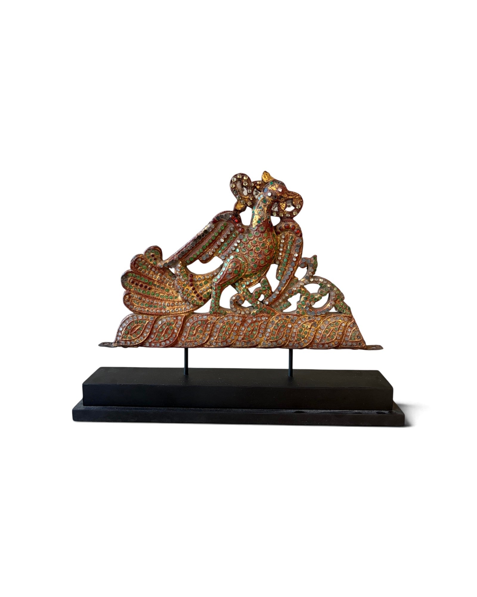 Carved Wooden Golden Peacock Inlaid with Coloured Stained Glass (นกยูงทองไม้ติดกระจกสี)