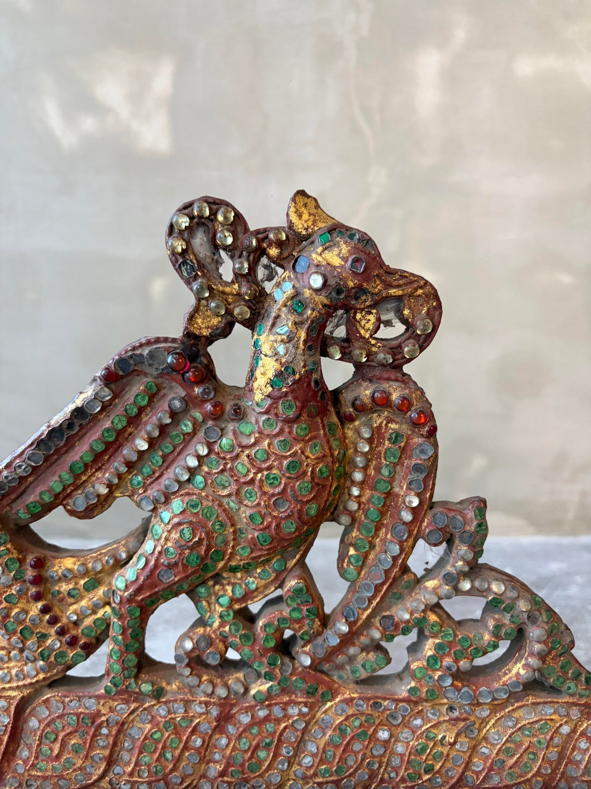 Carved Wooden Golden Peacock Inlaid with Coloured Stained Glass (นกยูงทองไม้ติดกระจกสี) - Surround Living - 6