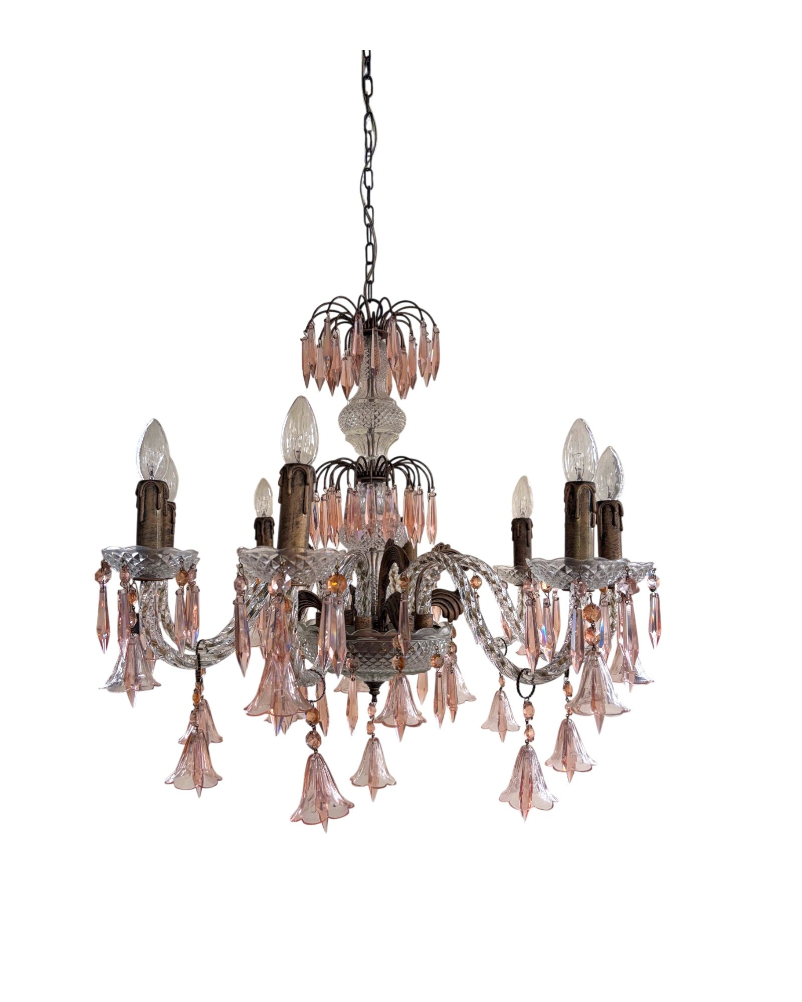 Vintage 8-Light-Arm Floral Glass Crystal Chandelier in Pale Pink Hue - Surround Living - 2