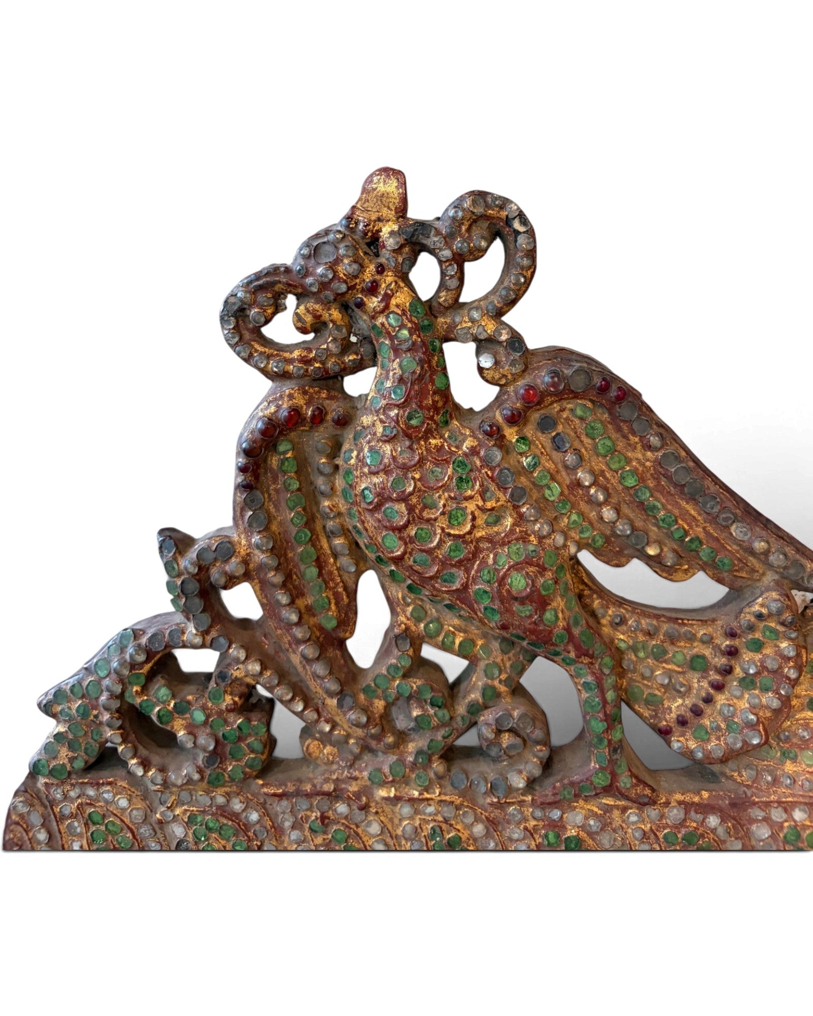 Carved Wooden Golden Peacock Inlaid with Coloured Stained Glass (นกยูงทองไม้ติดกระจกสี)
