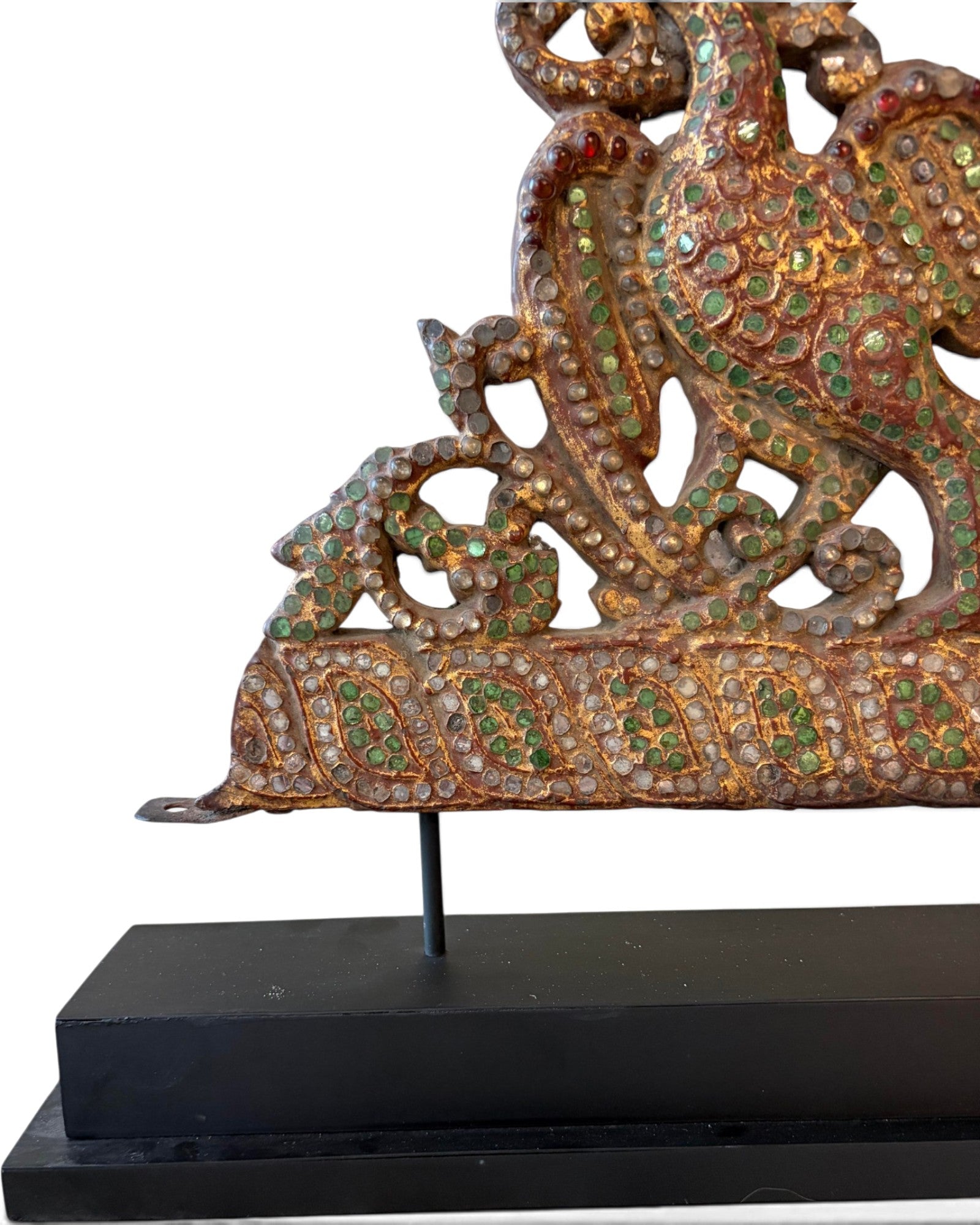Carved Wooden Golden Peacock Inlaid with Coloured Stained Glass (นกยูงทองไม้ติดกระจกสี)
