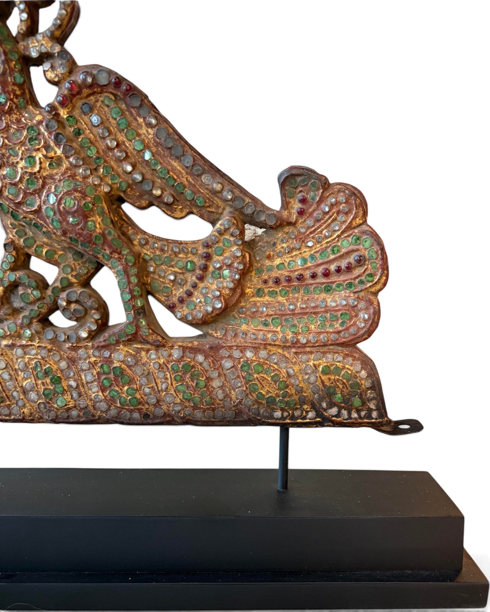 Carved Wooden Golden Peacock Inlaid with Coloured Stained Glass (นกยูงทองไม้ติดกระจกสี)