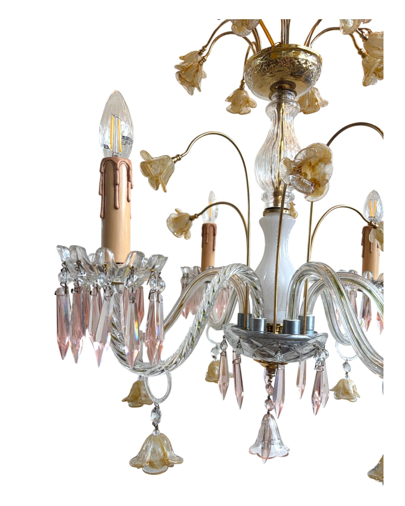 Vintage 6-Light-Arm Floral Glass Crystal Chandelier in Pale Pink and Yellow Hue - Surround Living - 4