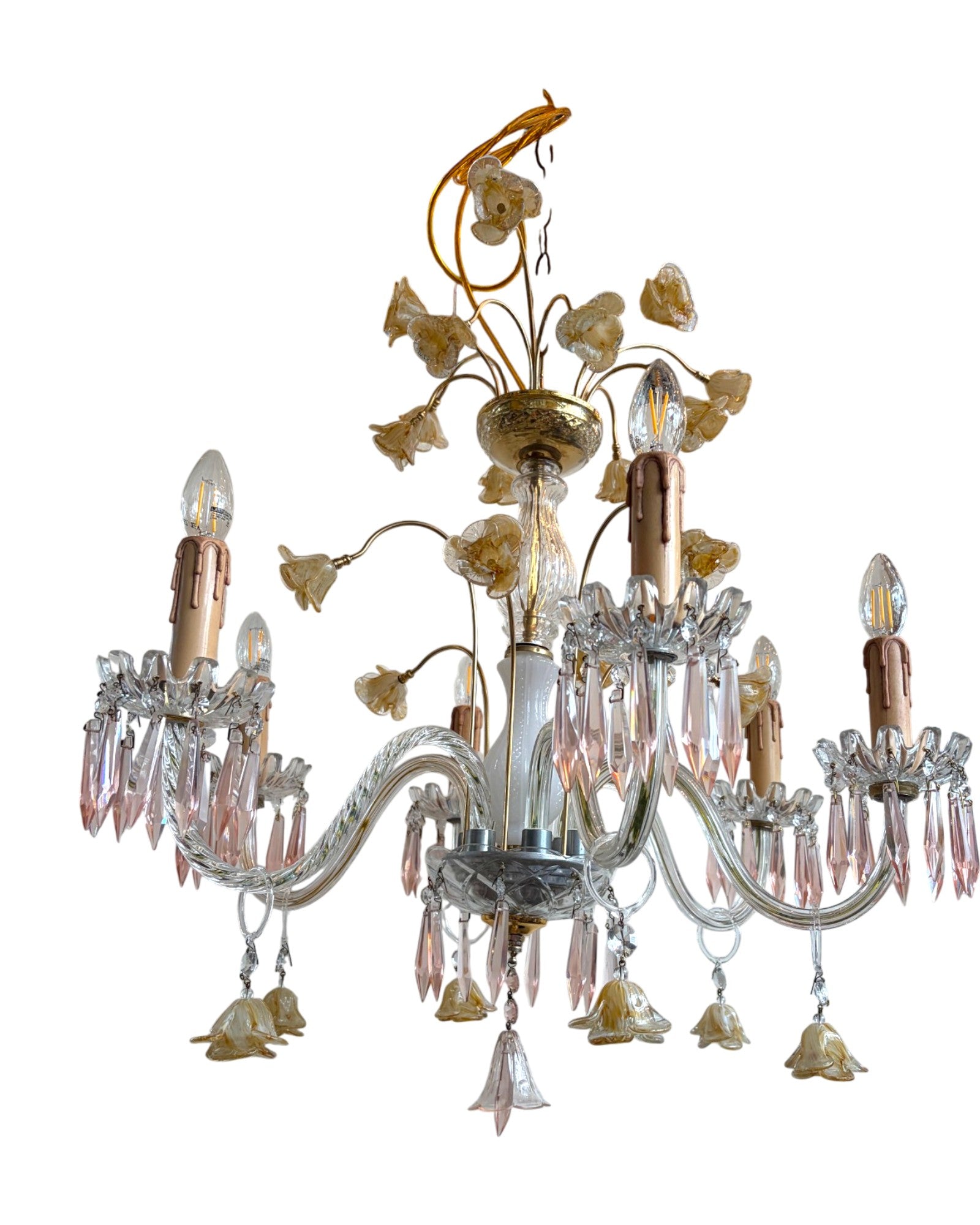 Vintage 6-Light-Arm Floral Glass Crystal Chandelier in Pale Pink and Yellow Hue - Surround Living - 6
