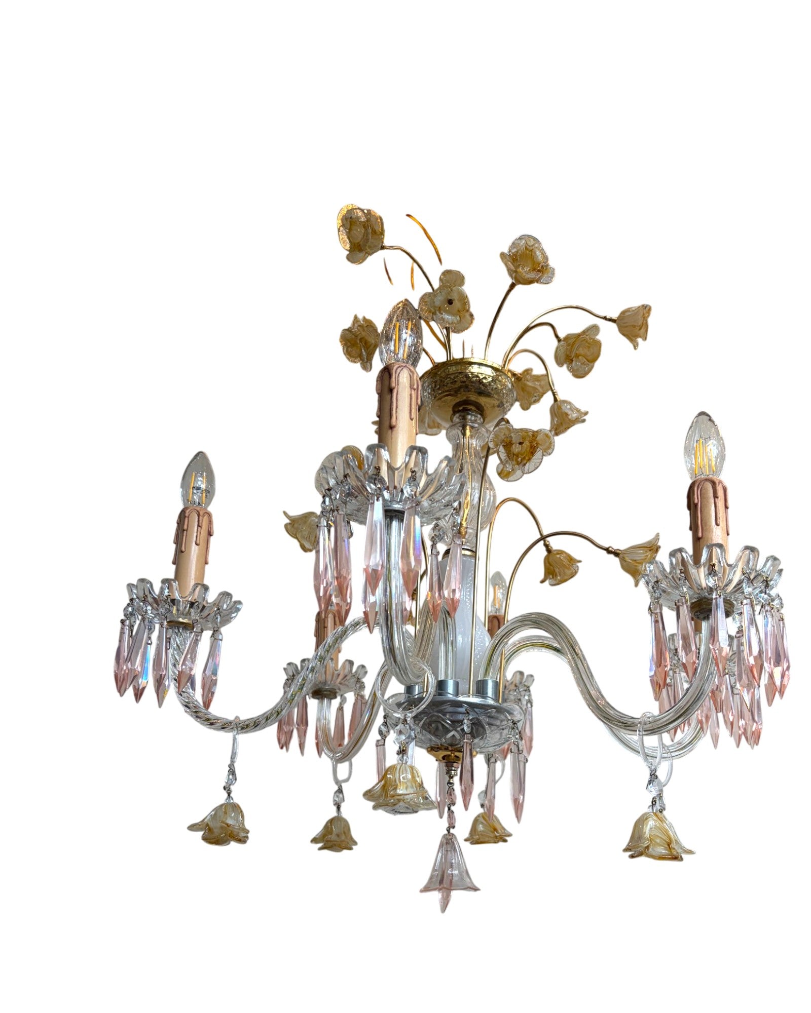 Vintage 6-Light-Arm Floral Glass Crystal Chandelier in Pale Pink and Yellow Hue - Surround Living - 7