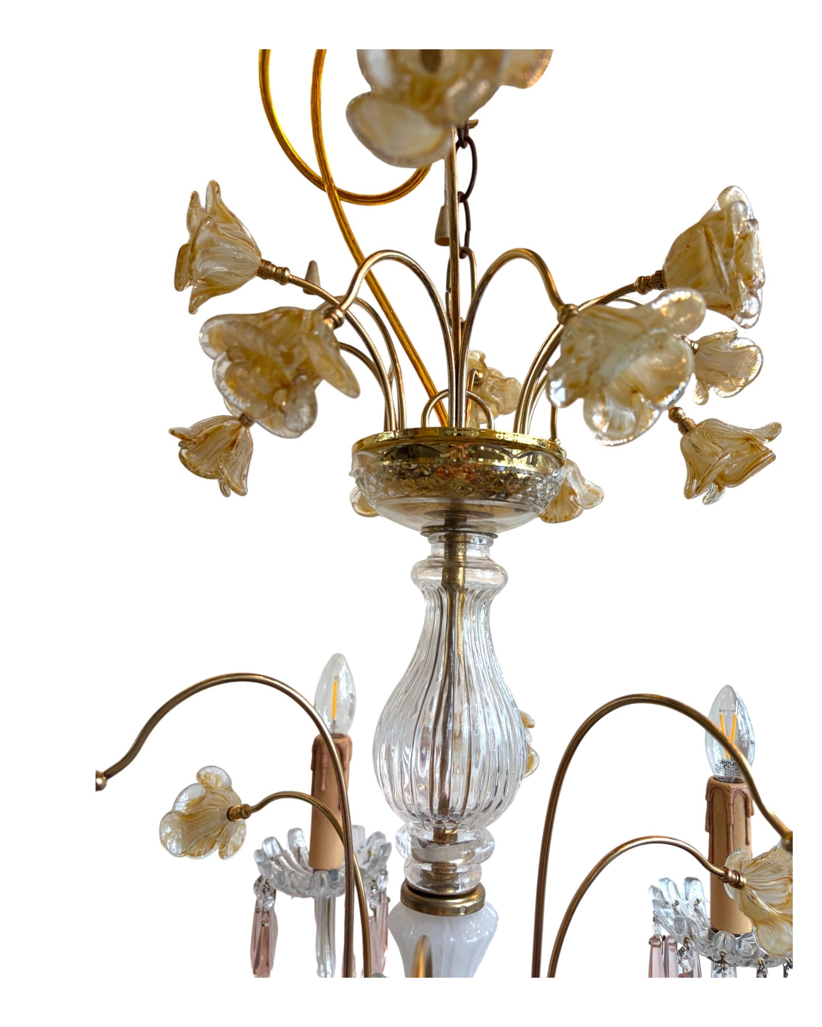 Vintage 6-Light-Arm Floral Glass Crystal Chandelier in Pale Pink and Yellow Hue - Surround Living - 9