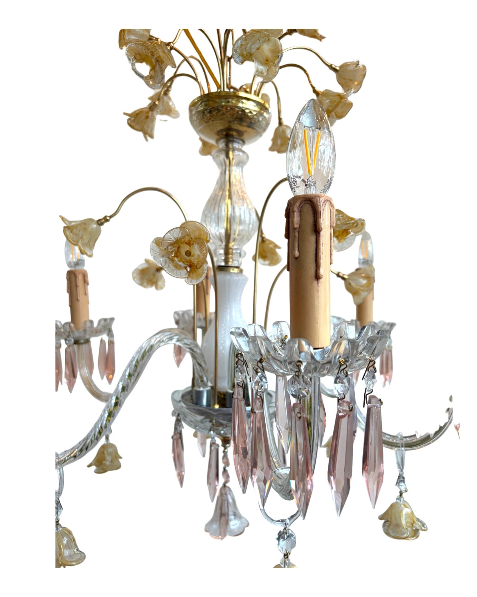 Vintage 6-Light-Arm Floral Glass Crystal Chandelier in Pale Pink and Yellow Hue - Surround Living - 10
