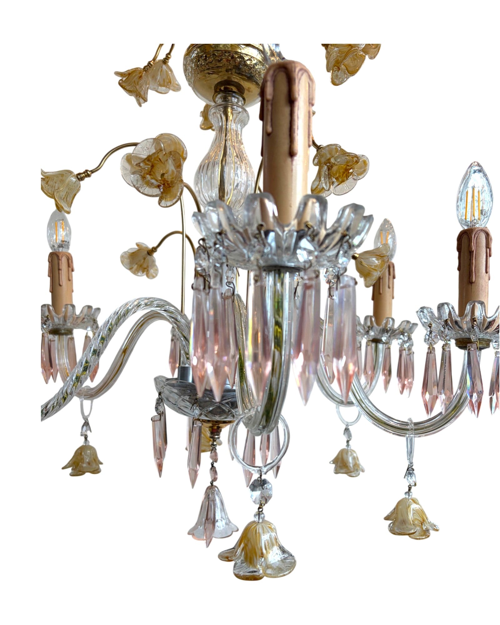 Vintage 6-Light-Arm Floral Glass Crystal Chandelier in Pale Pink and Yellow Hue - Surround Living - 12