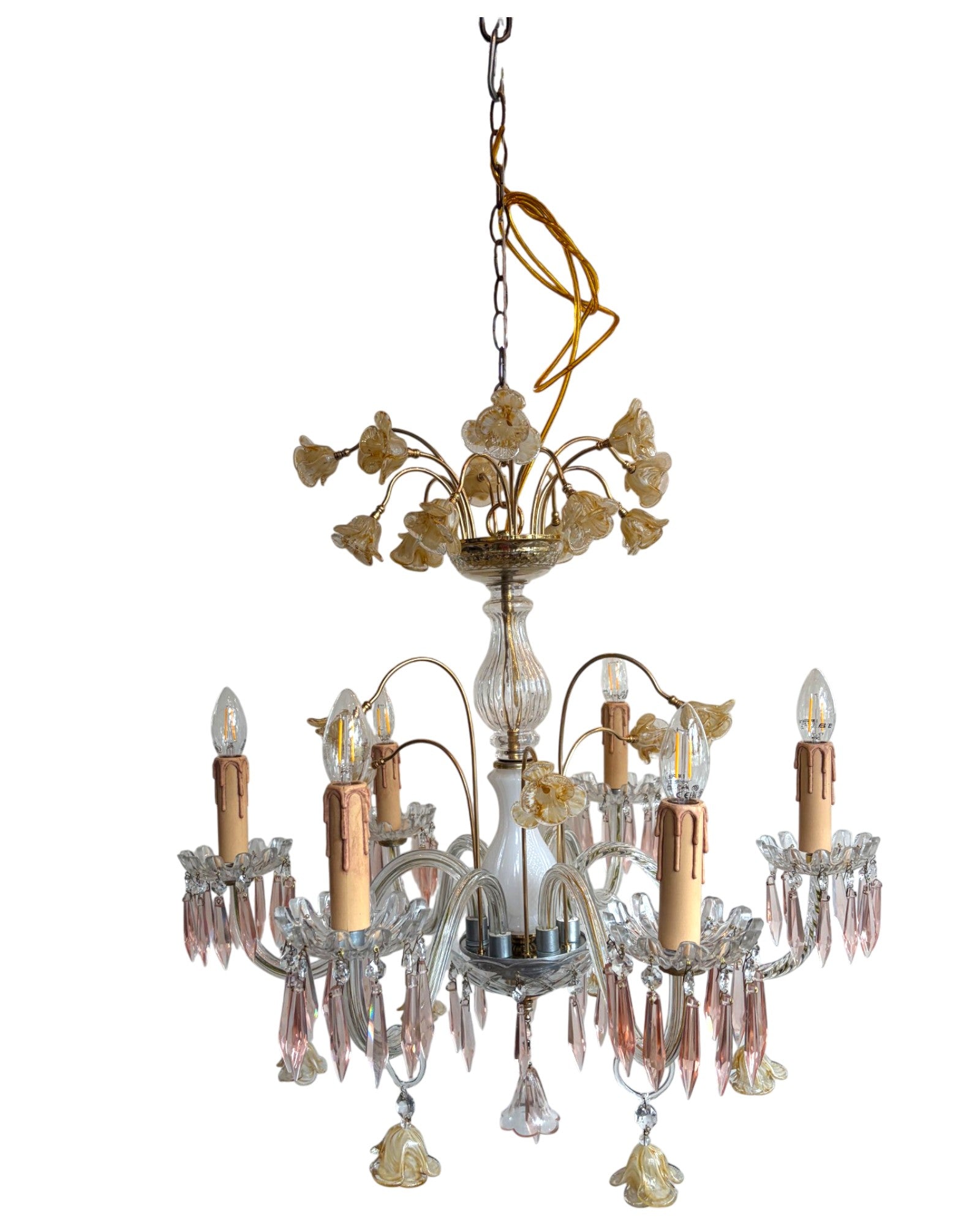 Vintage 6-Light-Arm Floral Glass Crystal Chandelier in Pale Pink and Yellow Hue - Surround Living - 15