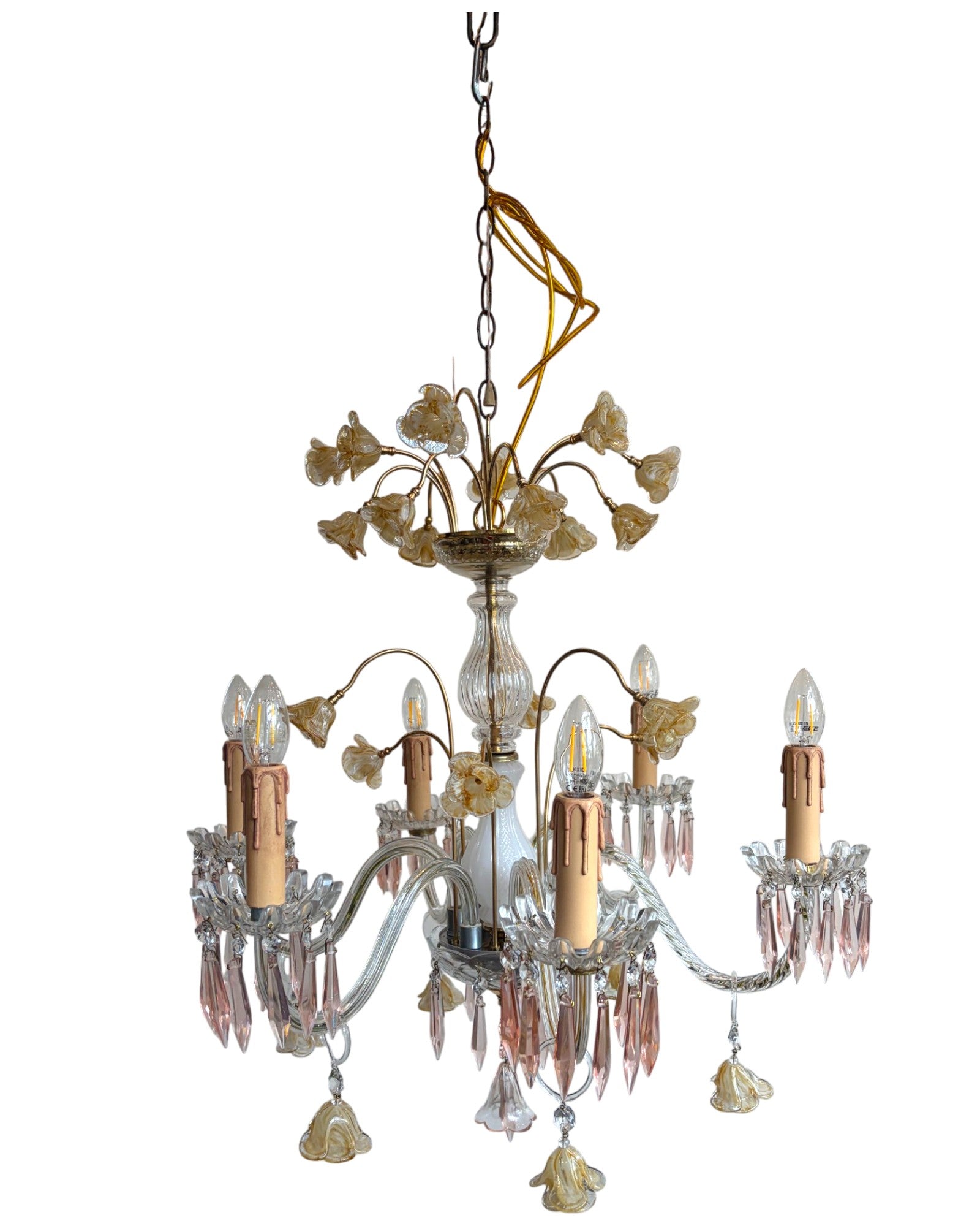 Vintage 6-Light-Arm Floral Glass Crystal Chandelier in Pale Pink and Yellow Hue - Surround Living - 16