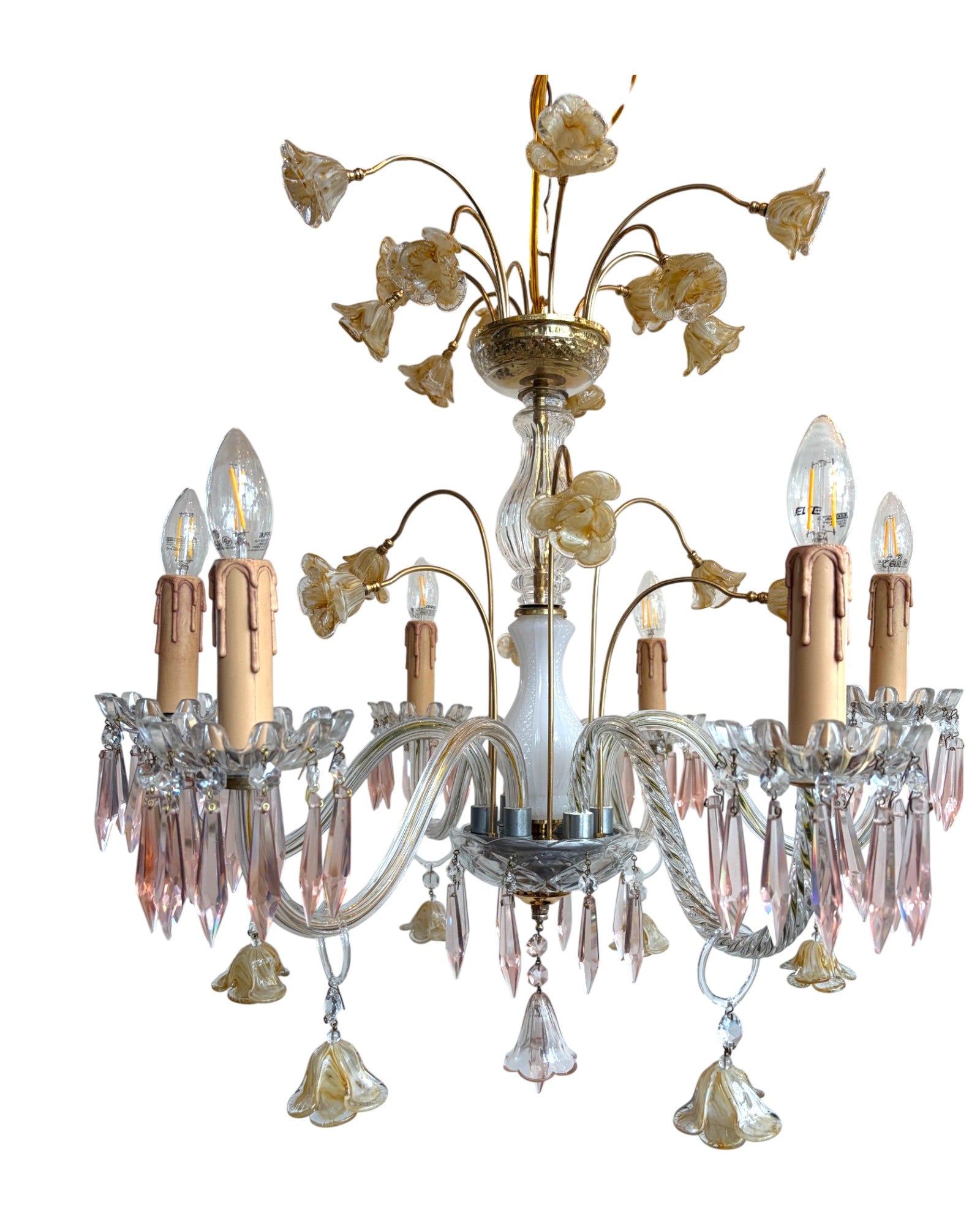 Vintage 6-Light-Arm Floral Glass Crystal Chandelier in Pale Pink and Yellow Hue - Surround Living - 18