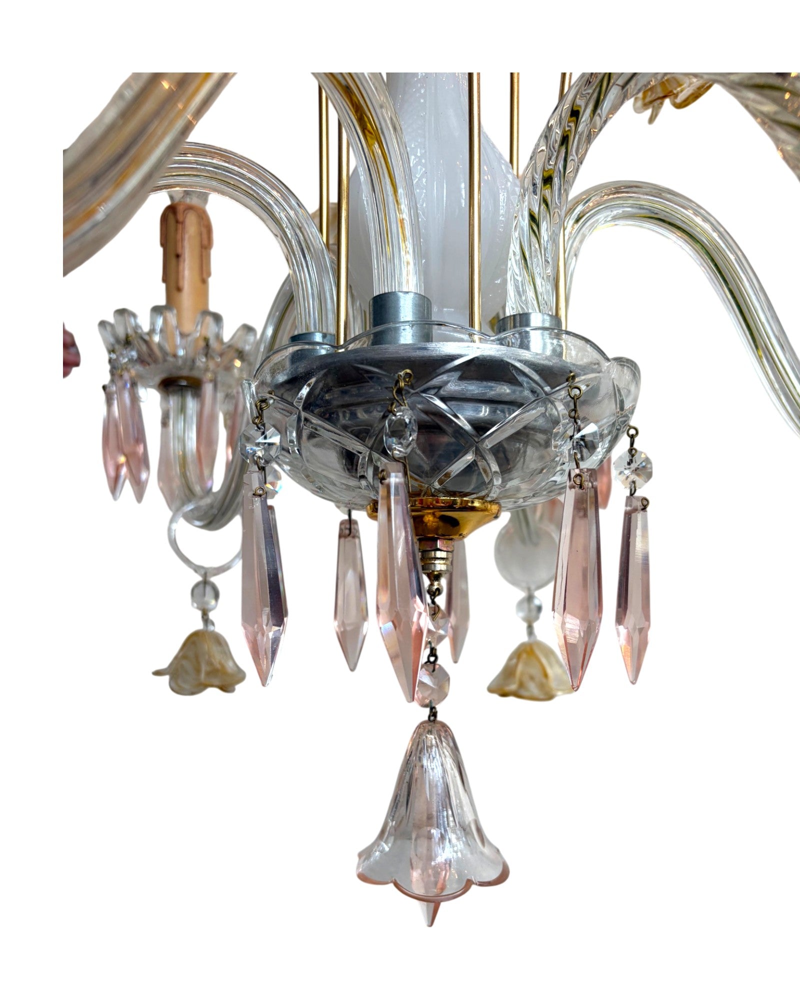 Vintage 6-Light-Arm Floral Glass Crystal Chandelier in Pale Pink and Yellow Hue - Surround Living - 20