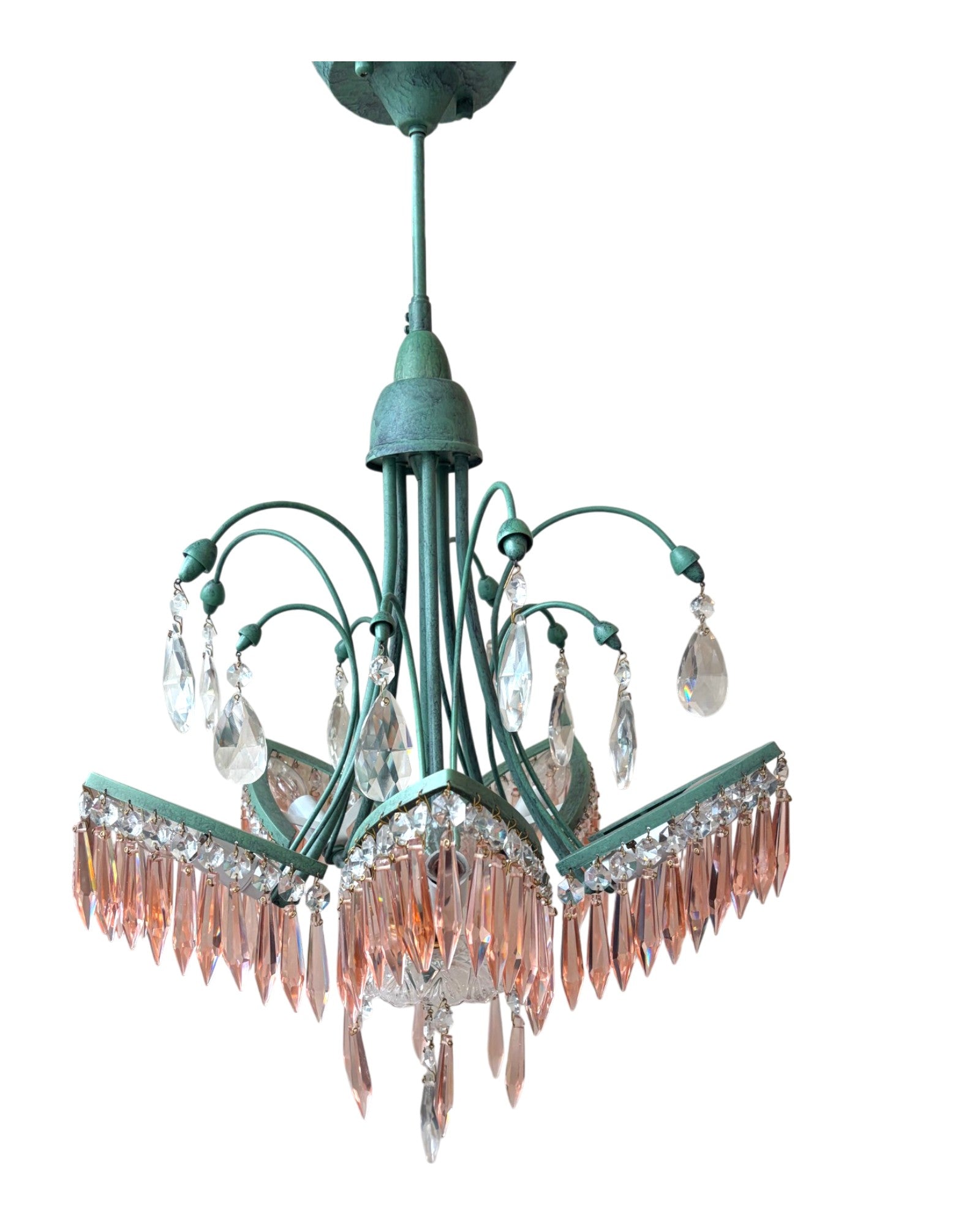 Patina Green Brass With Cascading Pink Crystal Teardrop Prisms Chandelier - Surround Living - 10