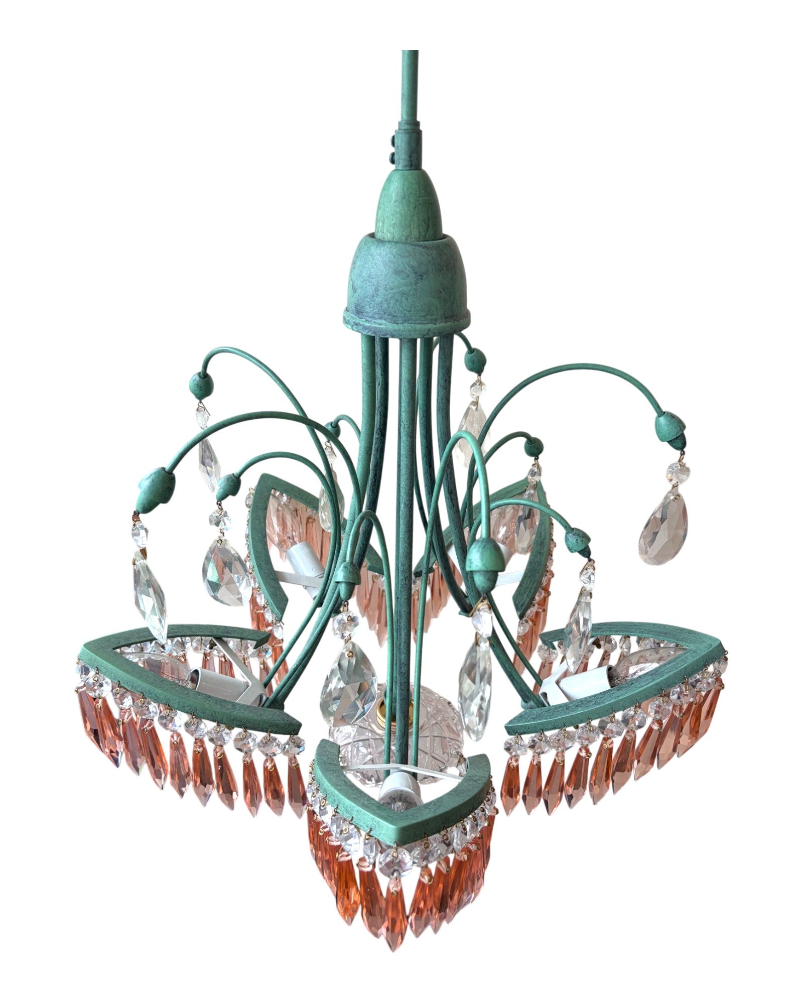 Patina Green Brass With Cascading Pink Crystal Teardrop Prisms Chandelier - Surround Living - 12
