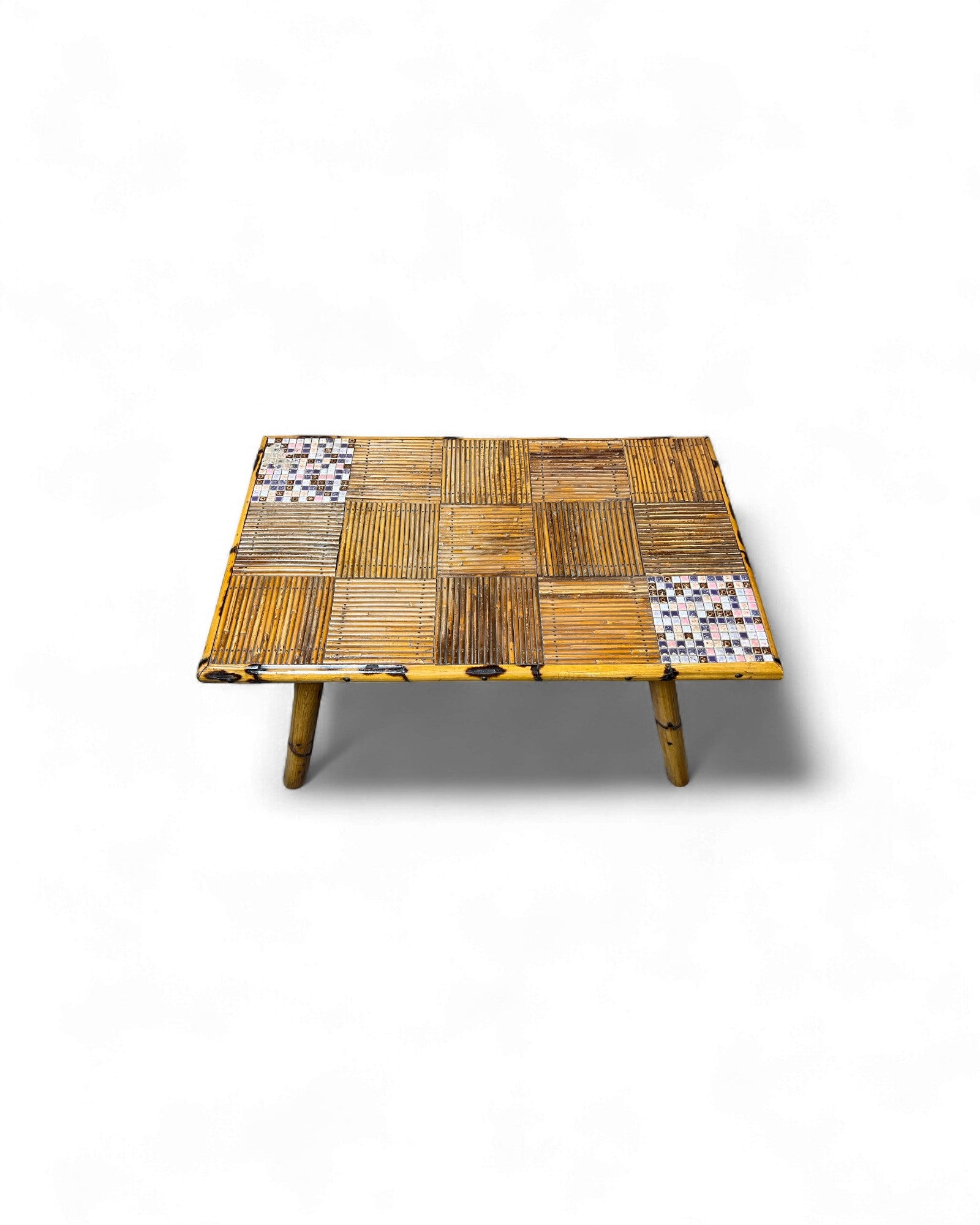 Bamboo & Rattan Mosaic Low Table with Ceramic Tiling Accent Surround Living