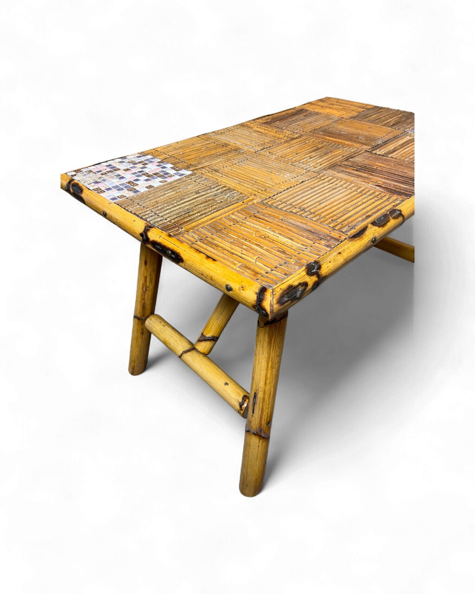 Bamboo & Rattan Mosaic Low Table with Ceramic Tiling Accent Surround Living