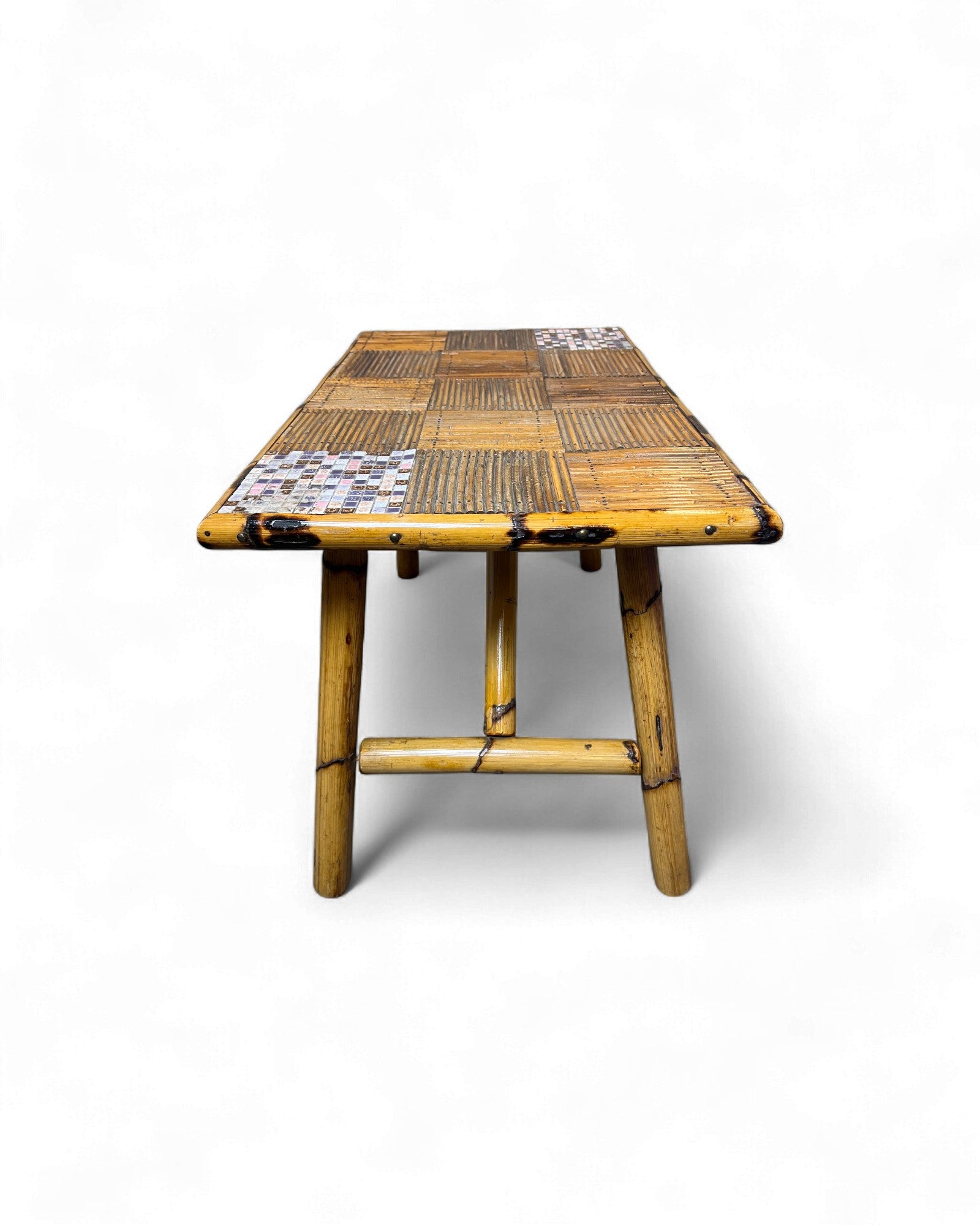 Bamboo & Rattan Mosaic Low Table with Ceramic Tiling Accent Surround Living