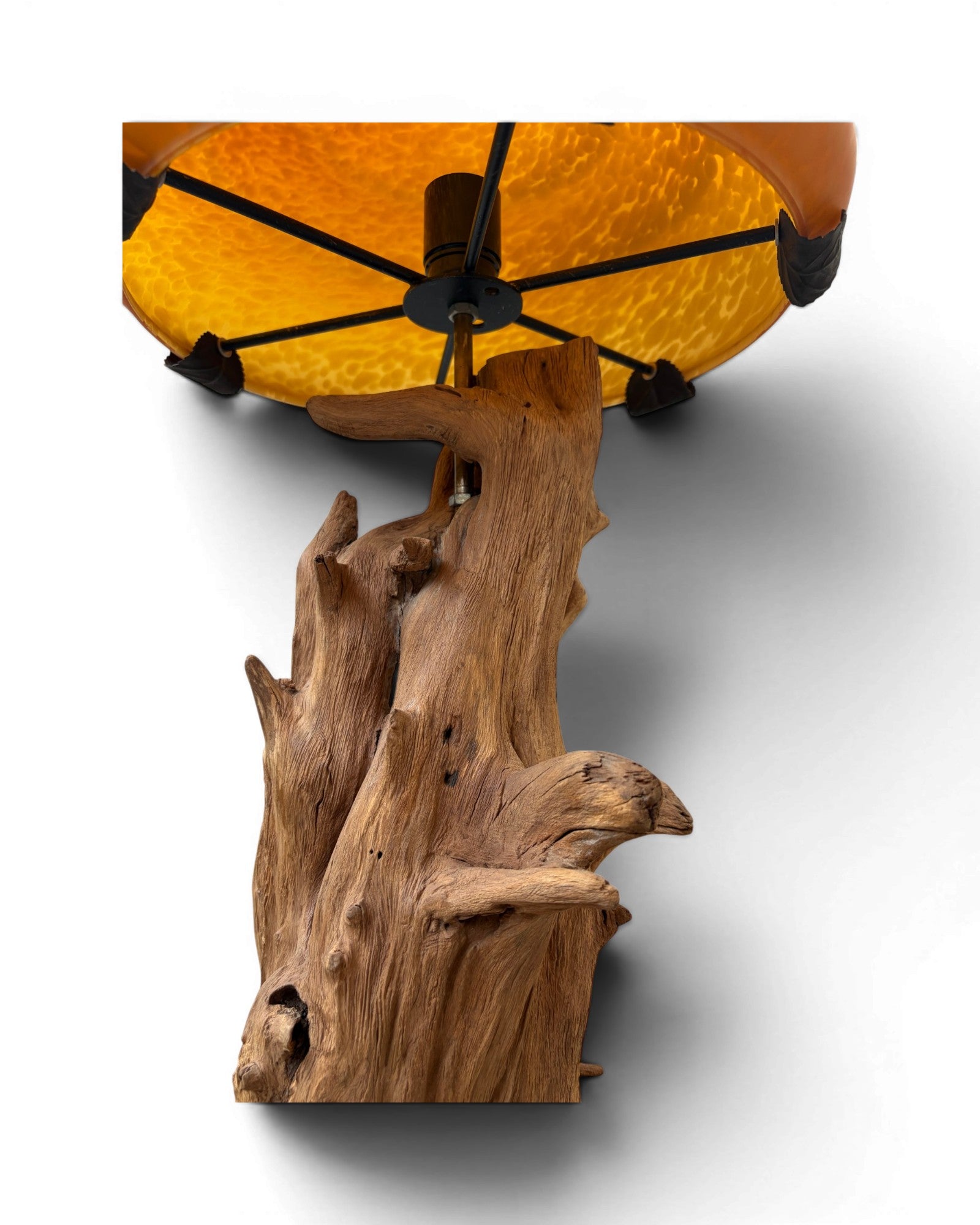 Organic Wood Table Lamp with Mushroom-Shaped Orange Art Glass Shade - Surround Living - 5