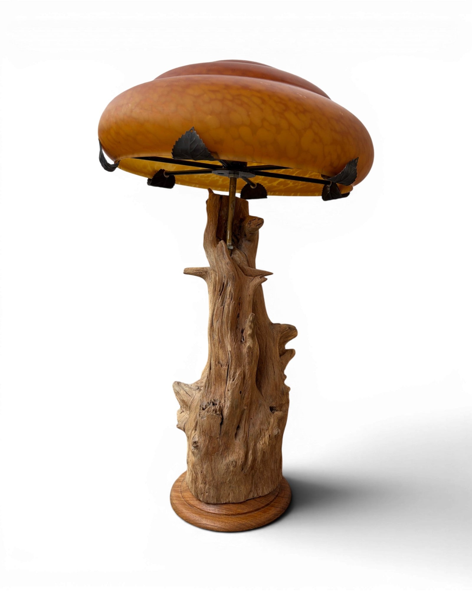 Organic Wood Table Lamp with Mushroom-Shaped Orange Art Glass Shade - Surround Living - 7