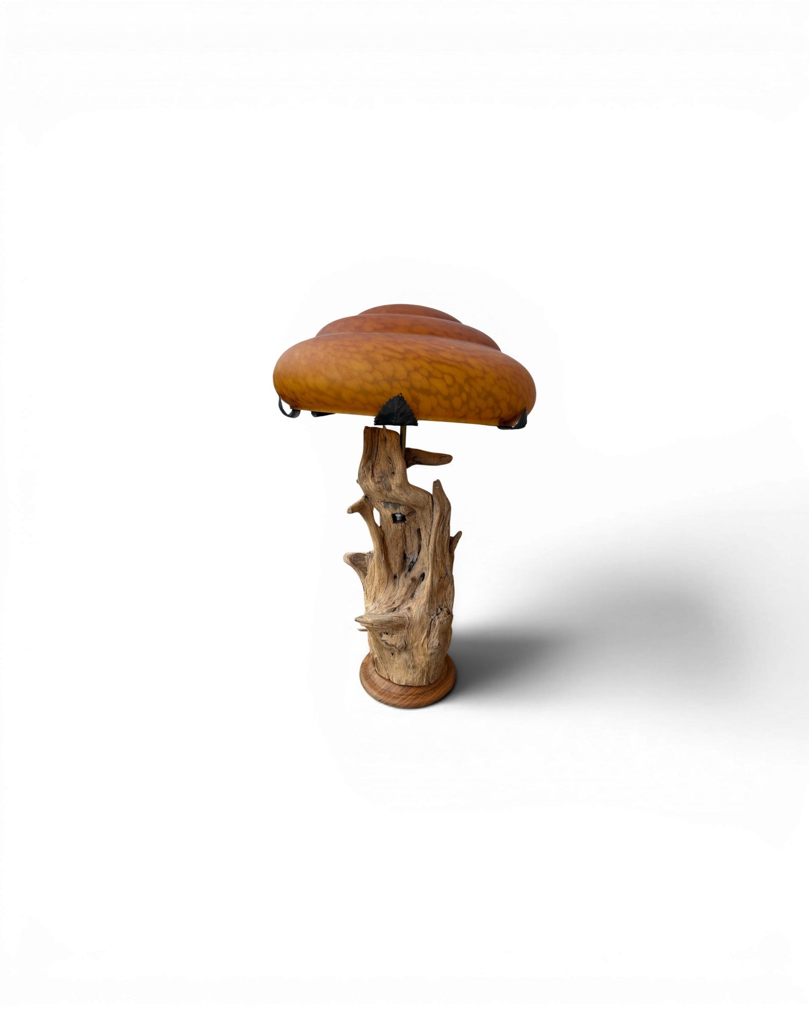 Organic Wood Table Lamp with Mushroom-Shaped Orange Art Glass Shade - Surround Living - 1