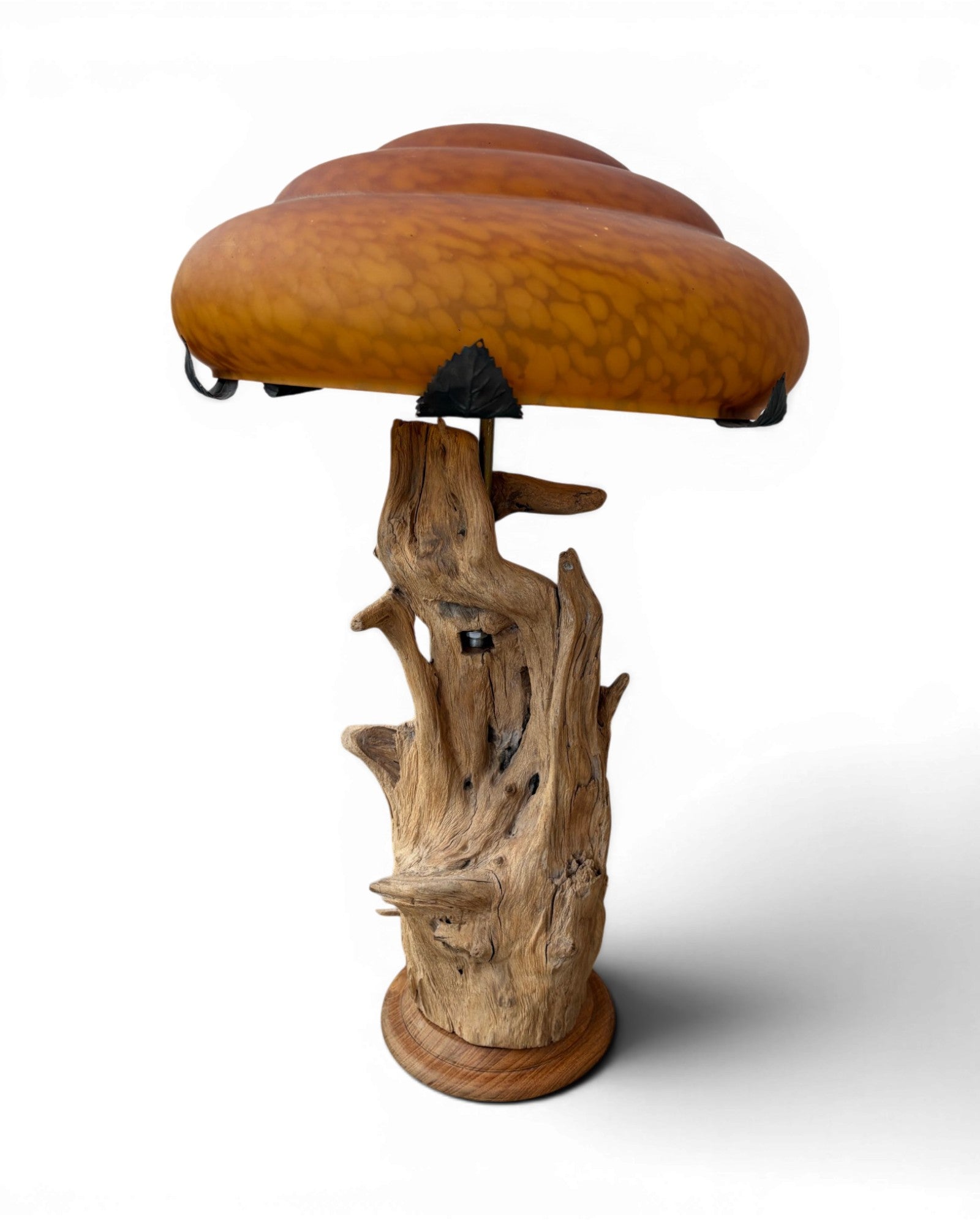 Organic Wood Table Lamp with Mushroom-Shaped Orange Art Glass Shade - Surround Living - 2