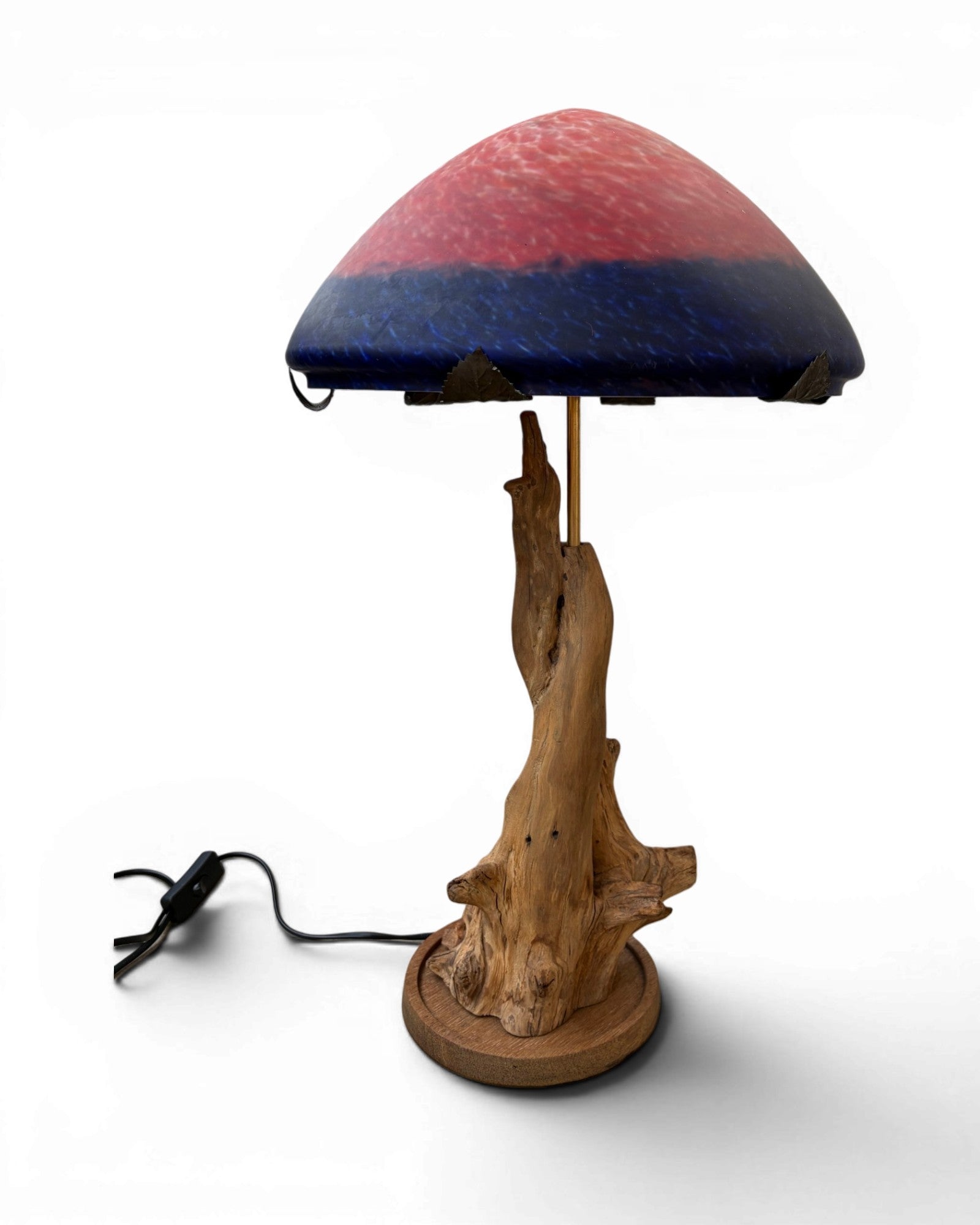 Organic Wood Table Lamp with Mushroom-Shaped Red and Blue Art Glass Shade - Surround Living - 2