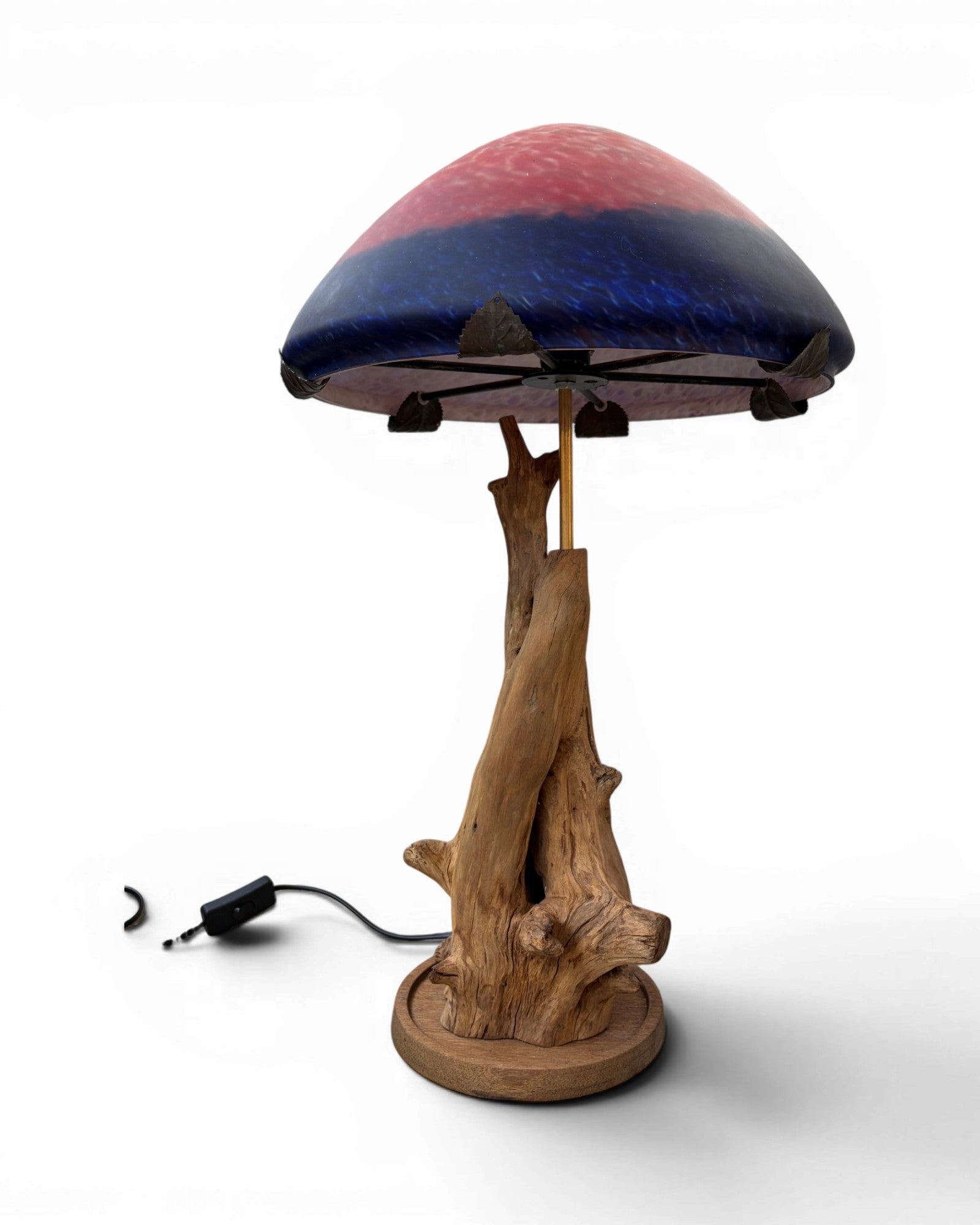 Organic Wood Table Lamp with Mushroom-Shaped Red and Blue Art Glass Shade - Surround Living - 4