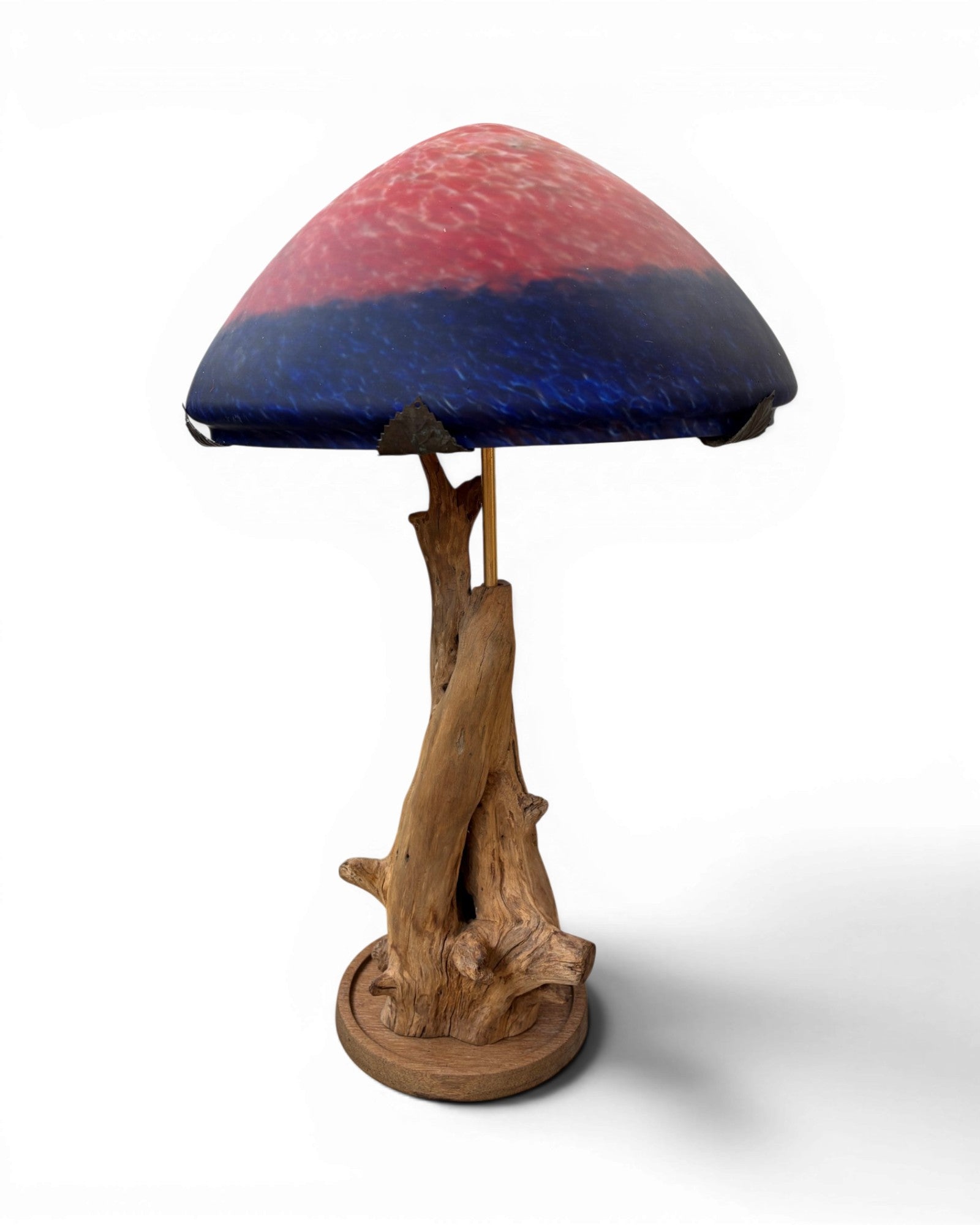Organic Wood Table Lamp with Mushroom-Shaped Red and Blue Art Glass Shade - Surround Living - 5