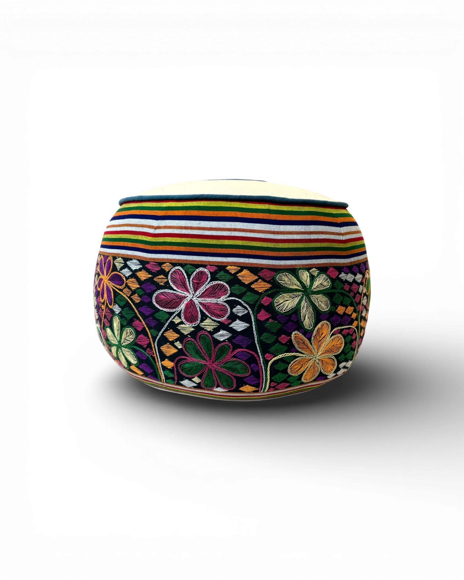 Round Embroidered Floral Textile Floor Pouf (M) - Surround Living - 5