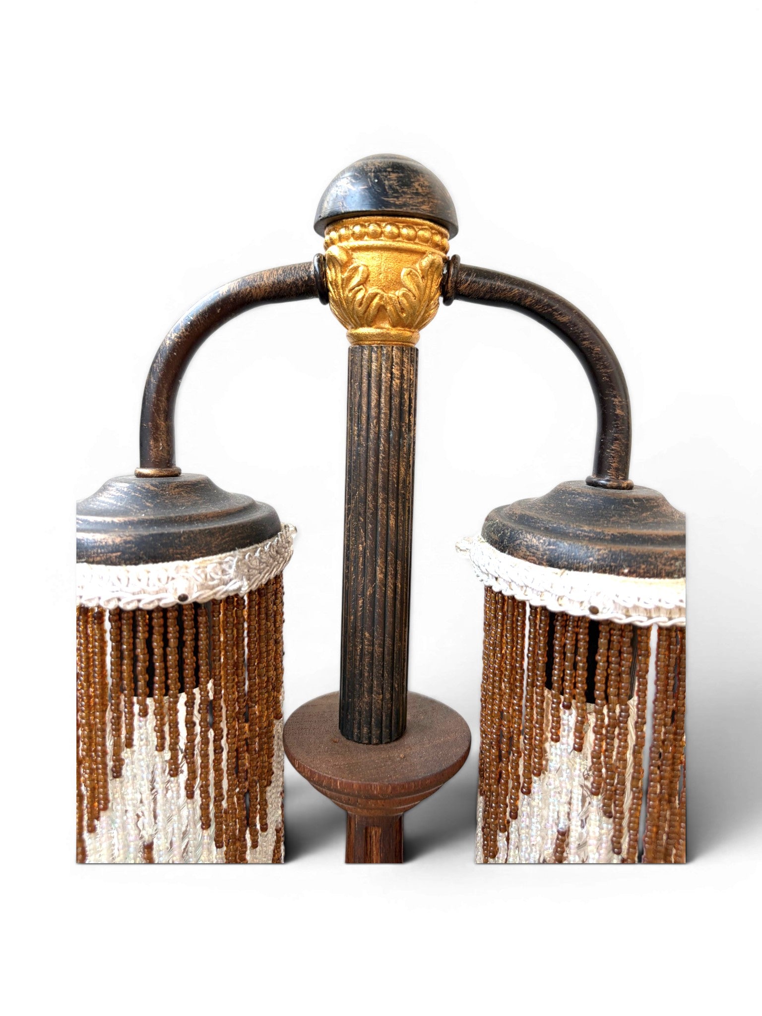 A Vintage Table Lamp With Two-Metal-Arm Beaded Fringe Shades and a Wooden Body - Surround Living - 8