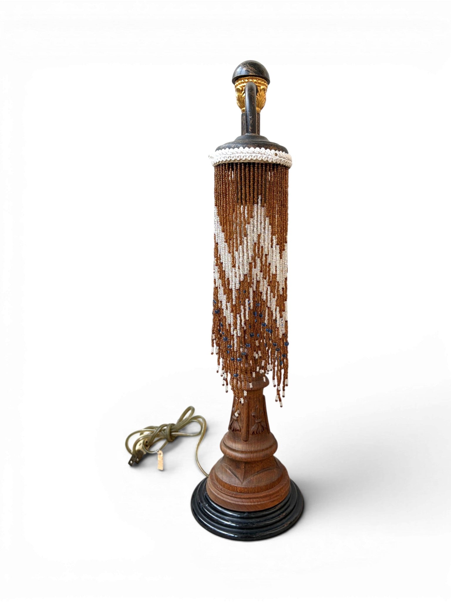 A Vintage Table Lamp With Two-Metal-Arm Beaded Fringe Shades and a Wooden Body - Surround Living - 10