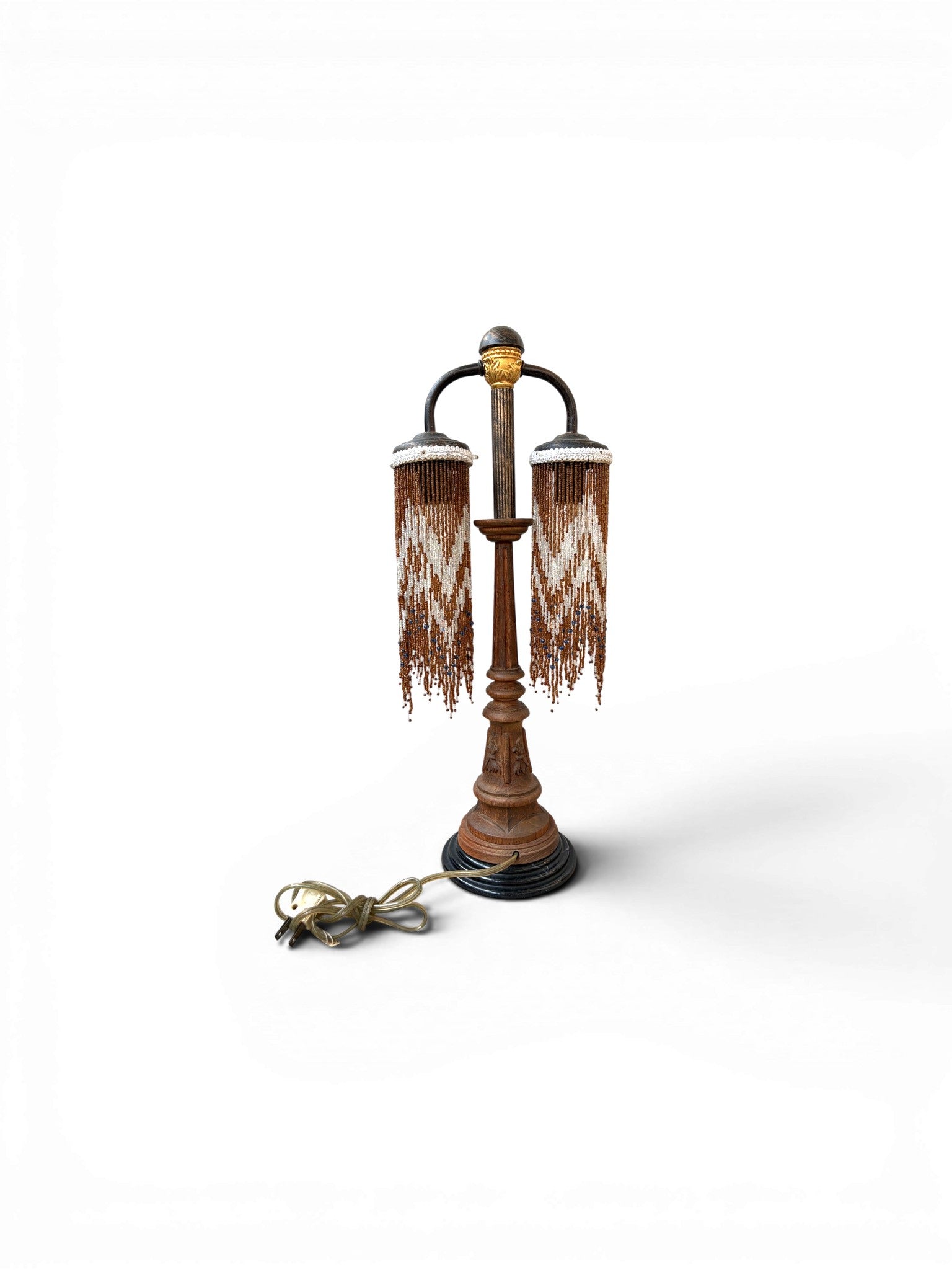A Vintage Table Lamp With Two-Metal-Arm Beaded Fringe Shades and a Wooden Body - Surround Living - 1