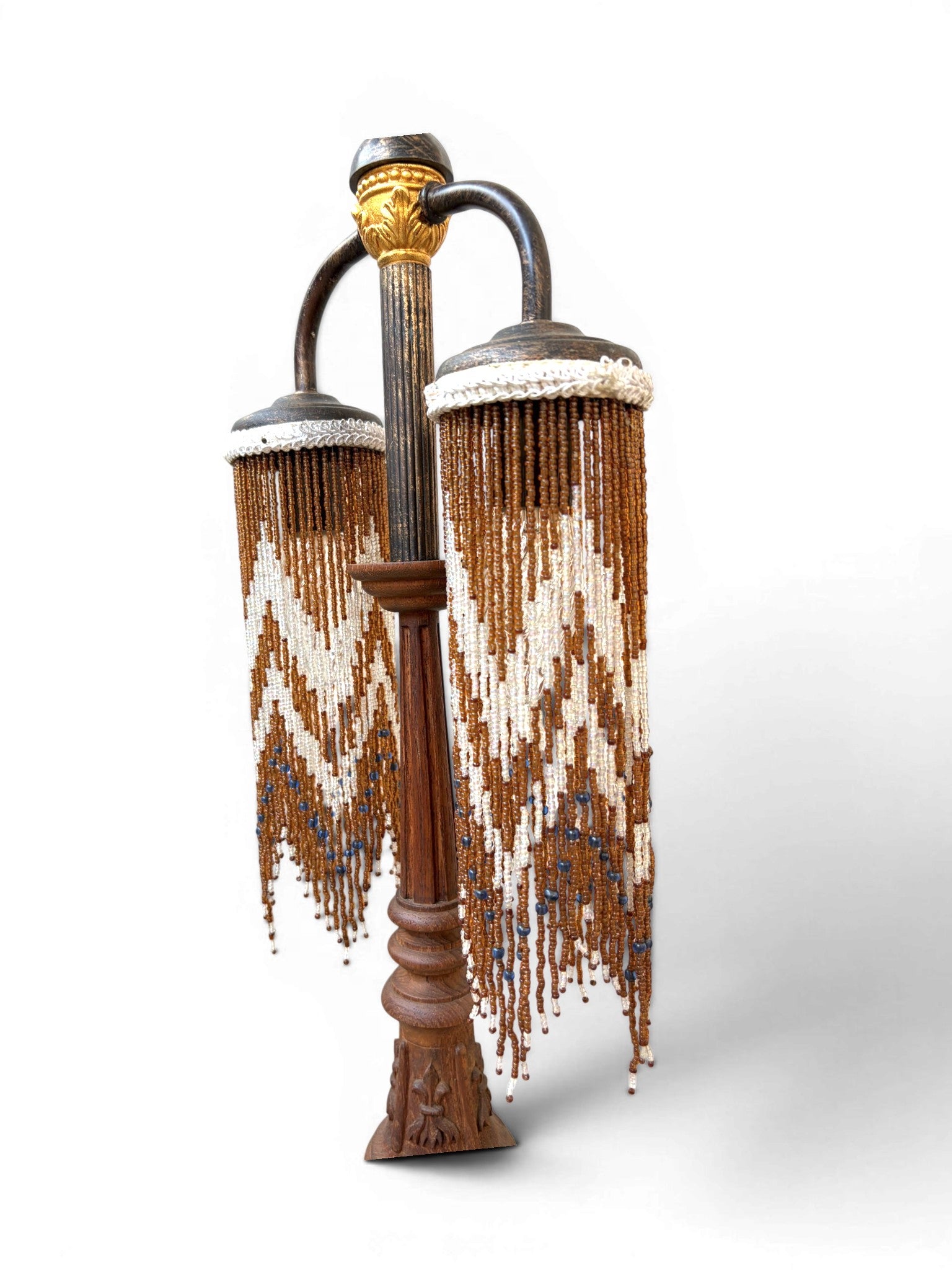 A Vintage Table Lamp With Two-Metal-Arm Beaded Fringe Shades and a Wooden Body - Surround Living - 14