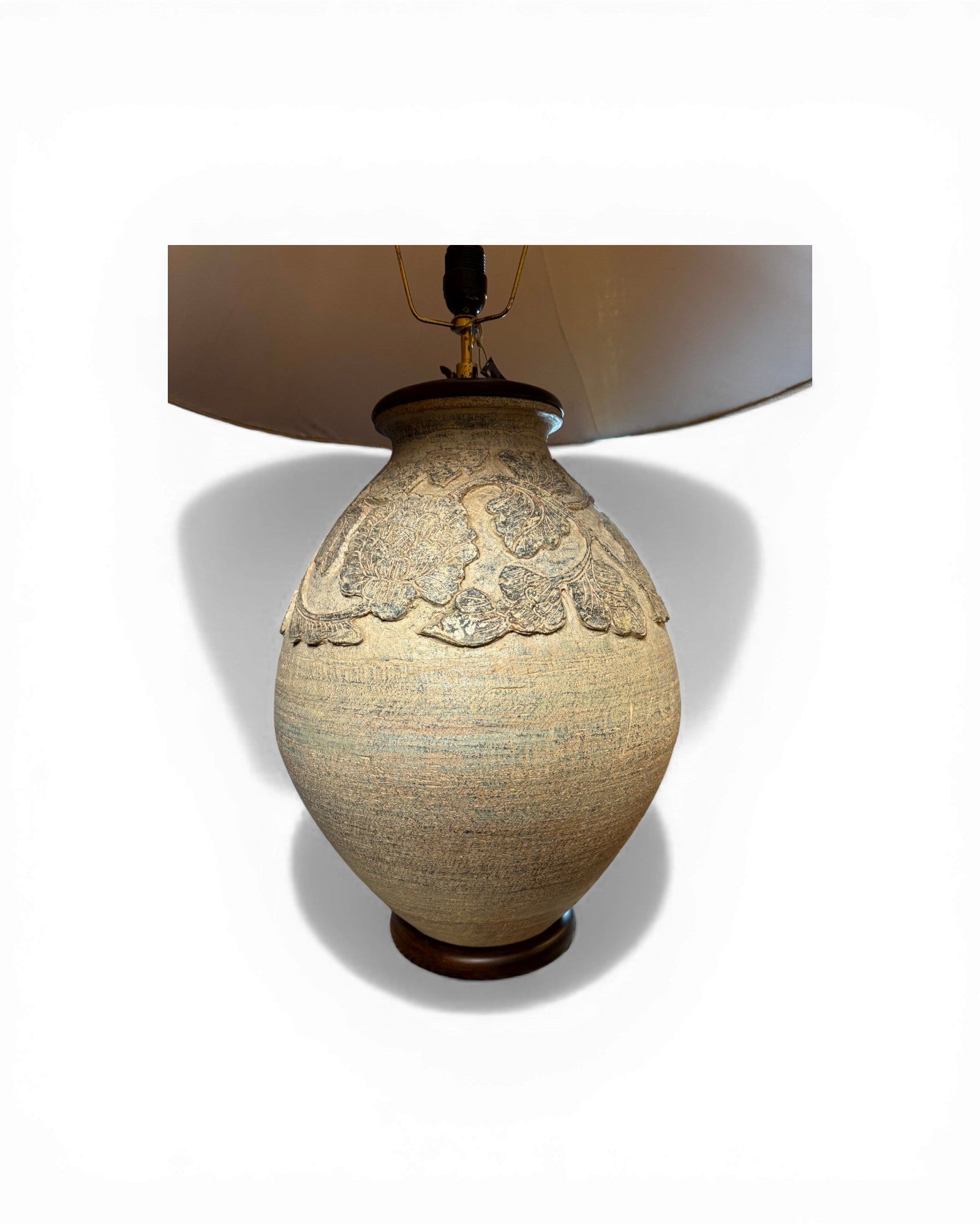 Textured Ceramic Table Lamp with Floral Relief & Natural Linen Shade - Surround Living - 4