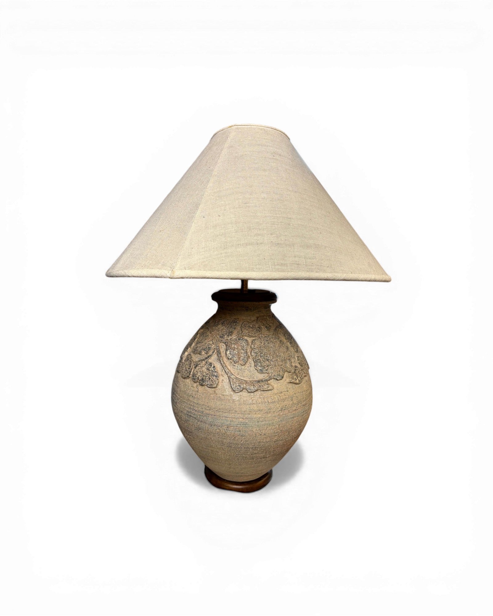 Textured Ceramic Table Lamp with Floral Relief & Natural Linen Shade - Surround Living - 11