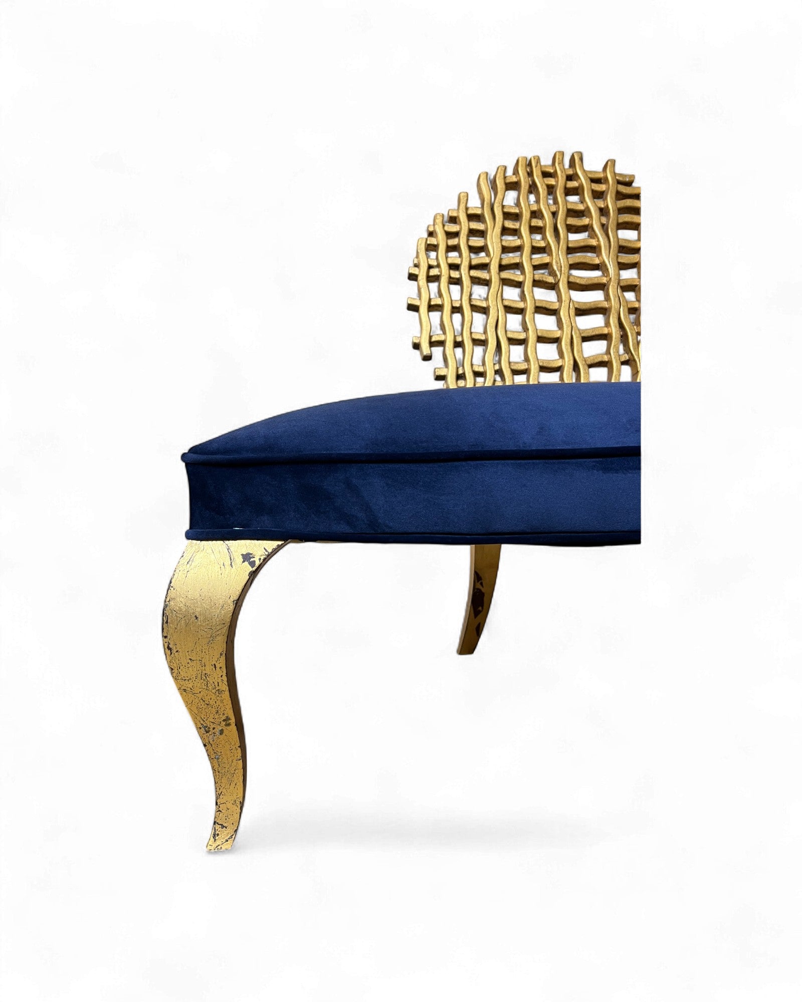 Golden Web Back Art Deco Blue Velvet Bench Surround Living
