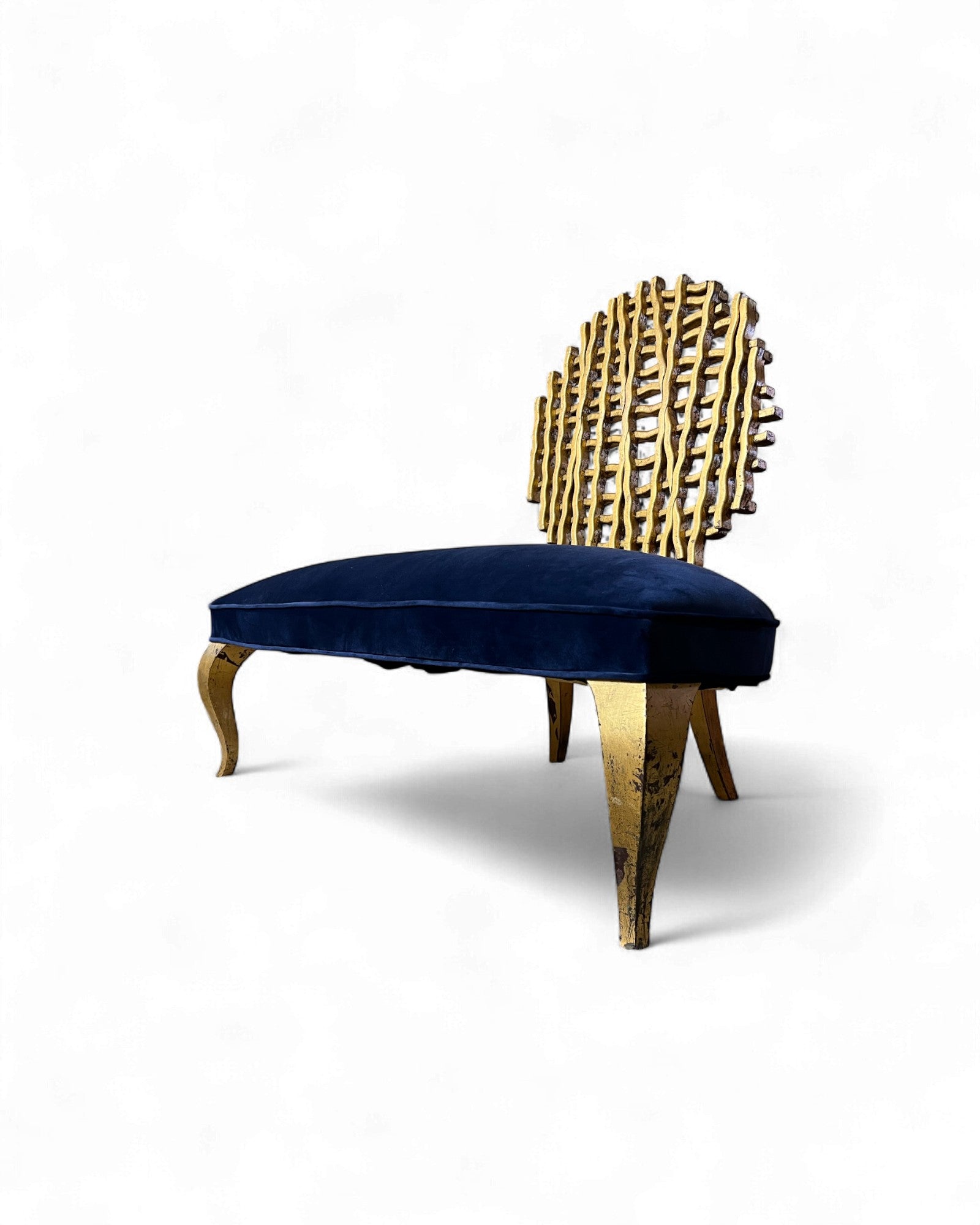Golden Web Back Art Deco Blue Velvet Bench Surround Living