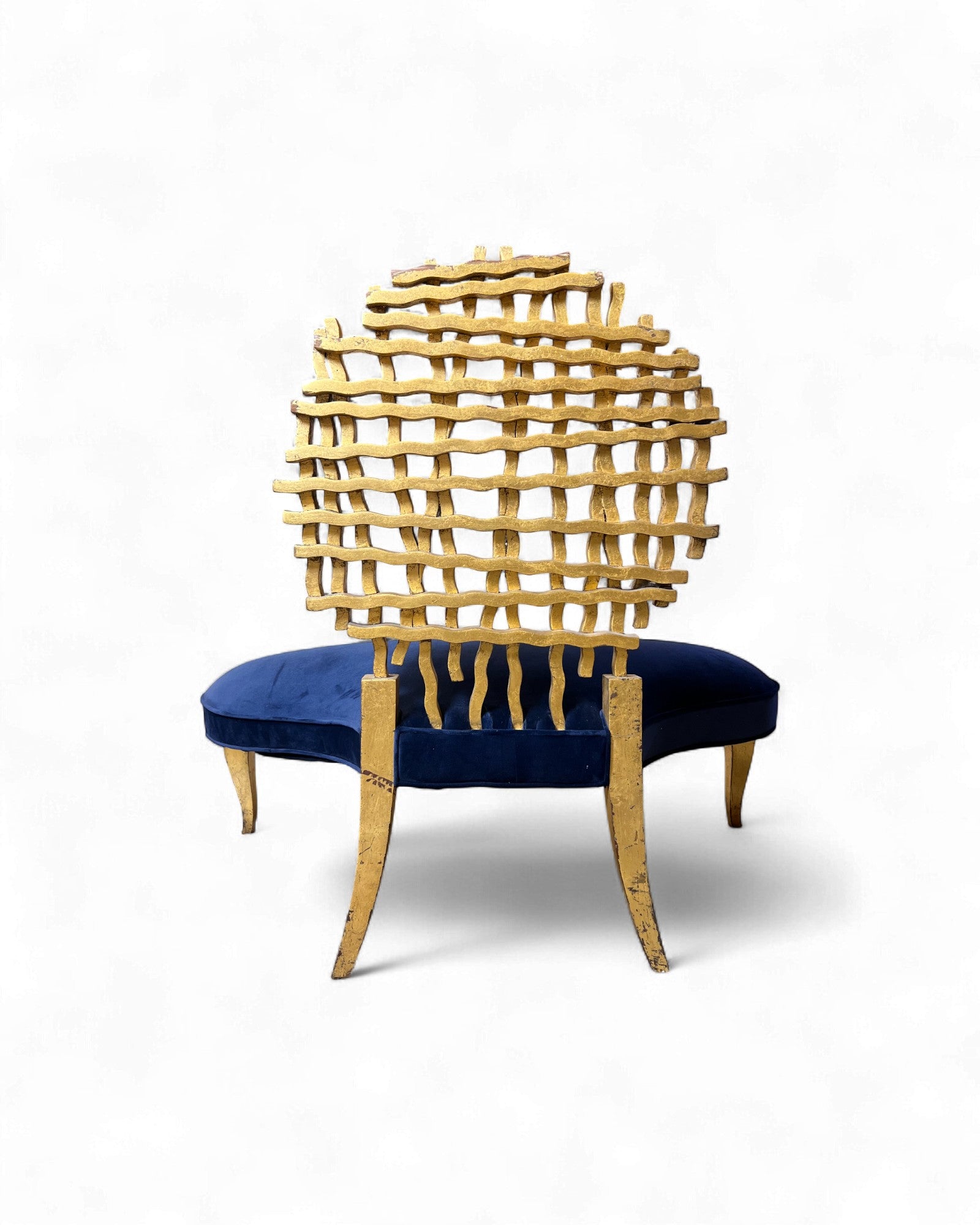 Golden Web Back Art Deco Blue Velvet Bench Surround Living
