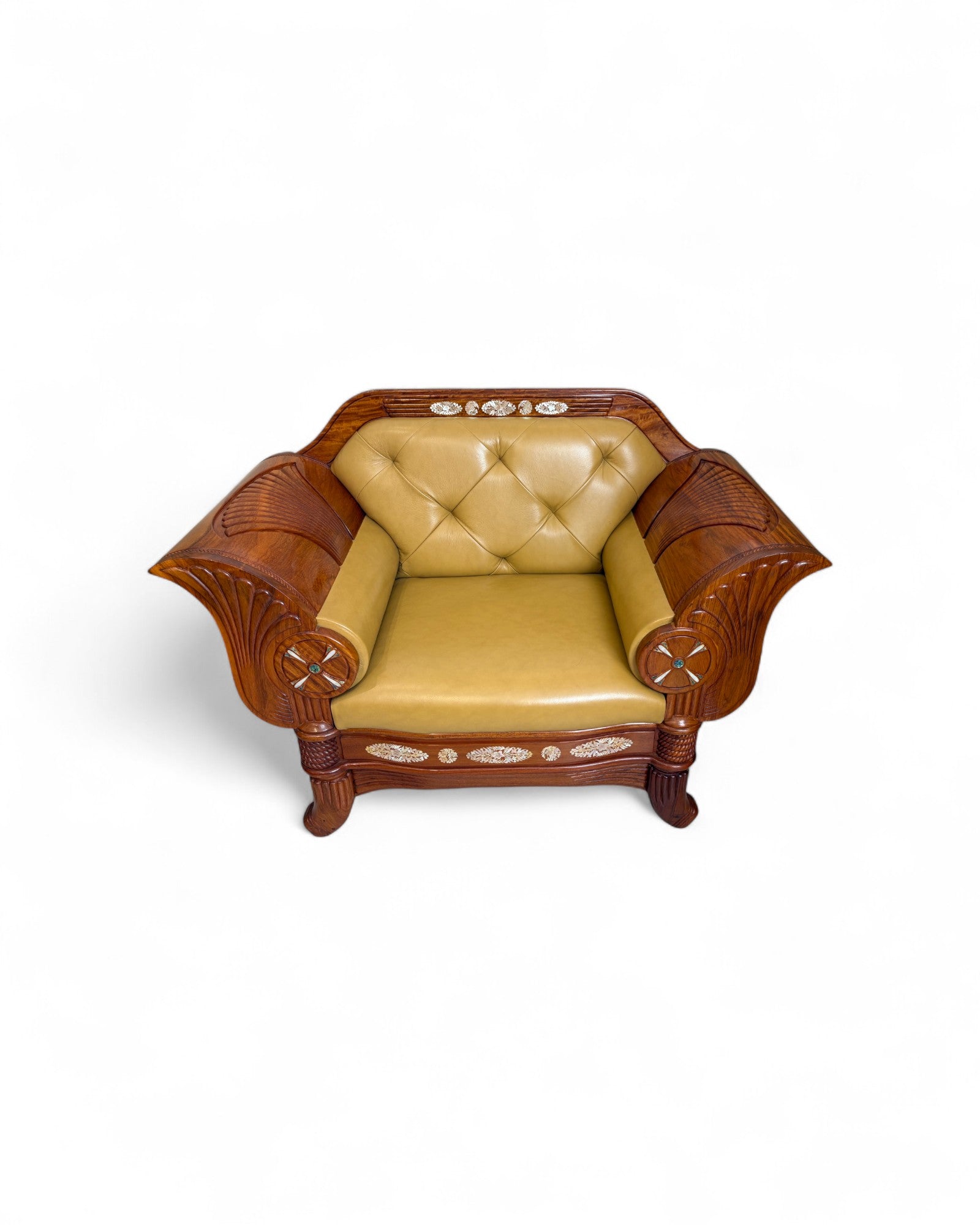 Chinese Art Deco Rosewood & Leather Armchair with Pearl Inlay - Reproduction