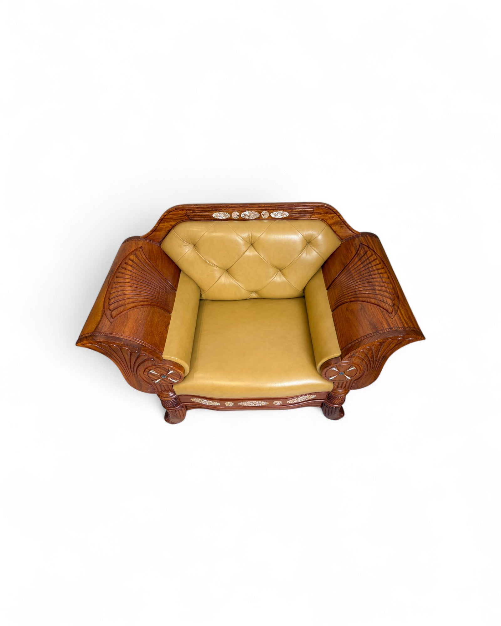 Chinese Art Deco Rosewood & Leather Armchair with Pearl Inlay - Reproduction