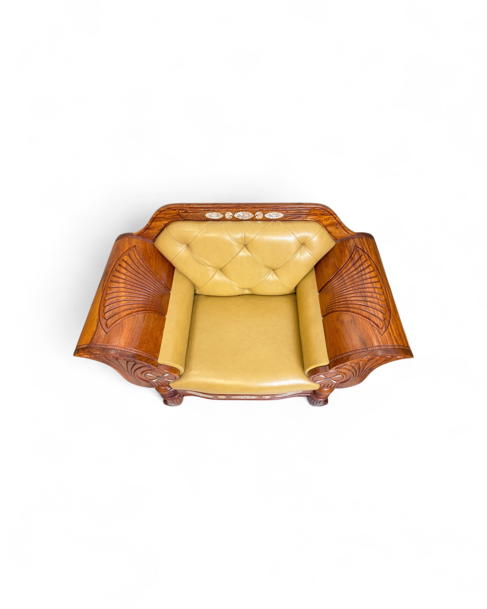 Chinese Art Deco Rosewood & Leather Armchair with Pearl Inlay - Reproduction