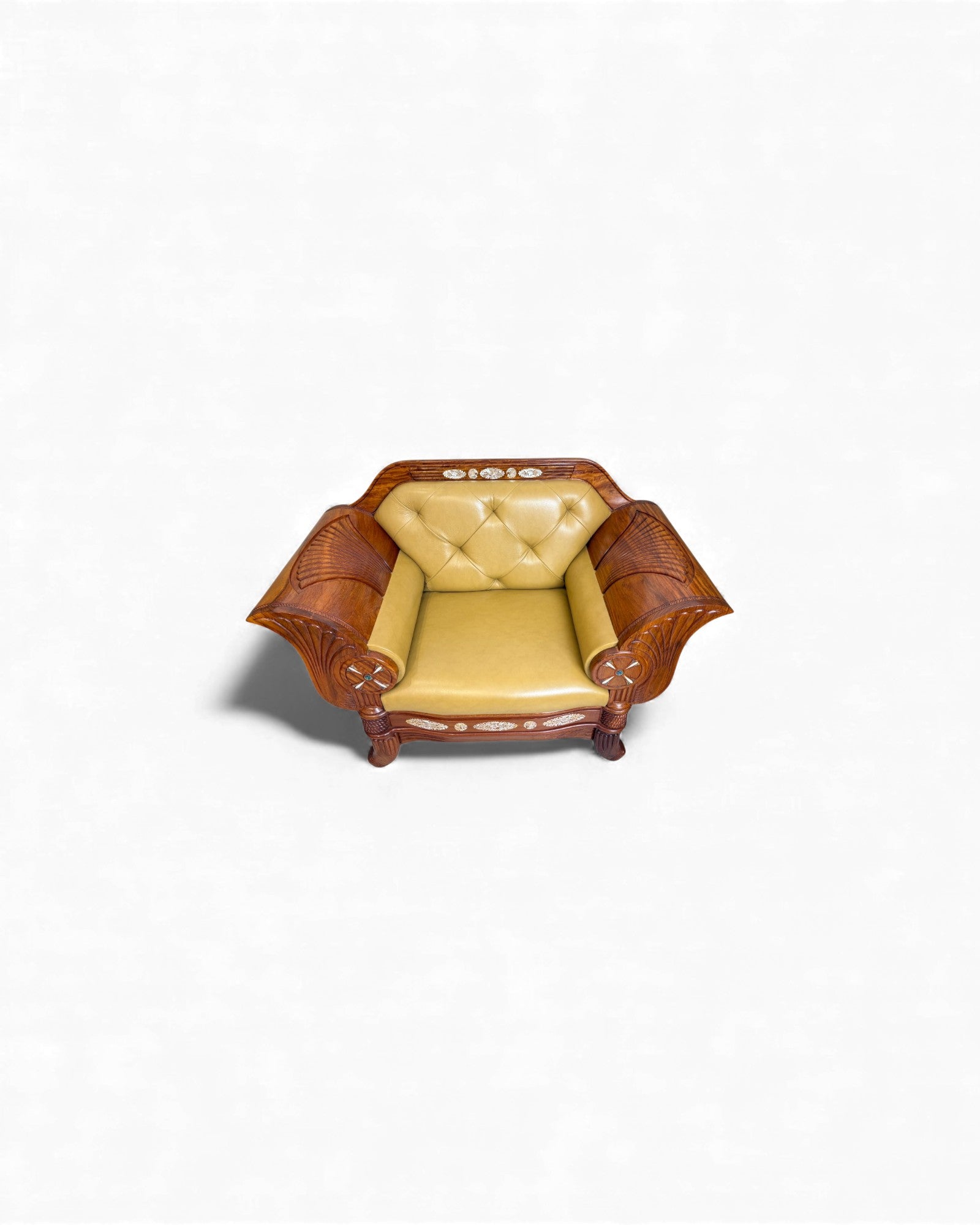 Chinese Art Deco Rosewood & Leather Armchair with Pearl Inlay - Reproduction